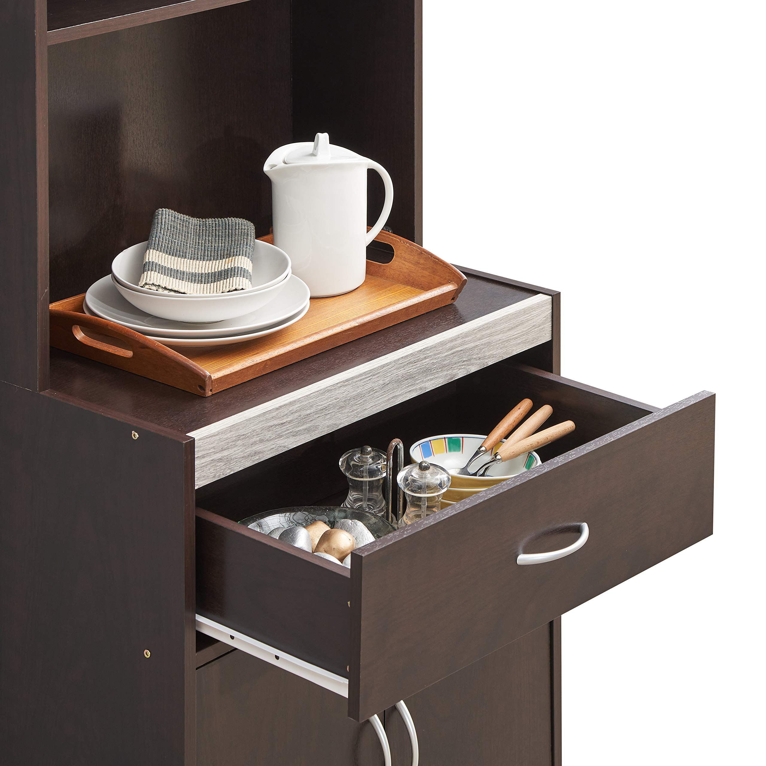 Hodedah 54-Inch Tall Open Shelves Kitchen Cabinet with 1 Drawer & Enclosed Storage - Chocolate Grey Finish for Pantry Organization & Small Space Kitchen Storage