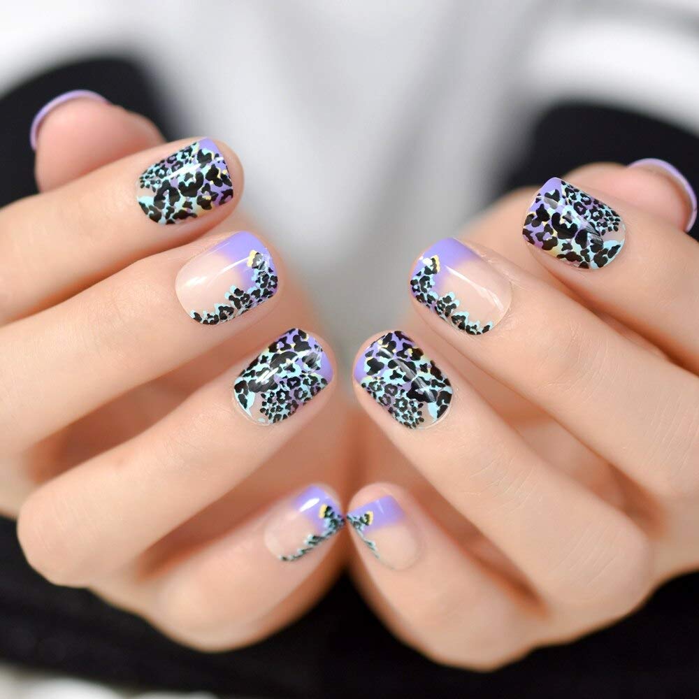 Natural Nude Purple French Press on Nails - Leopard Print Fake Nails for Daily Office Wear & Manicure | Easy to Apply False Nails for Work, Parties & Special Occasions