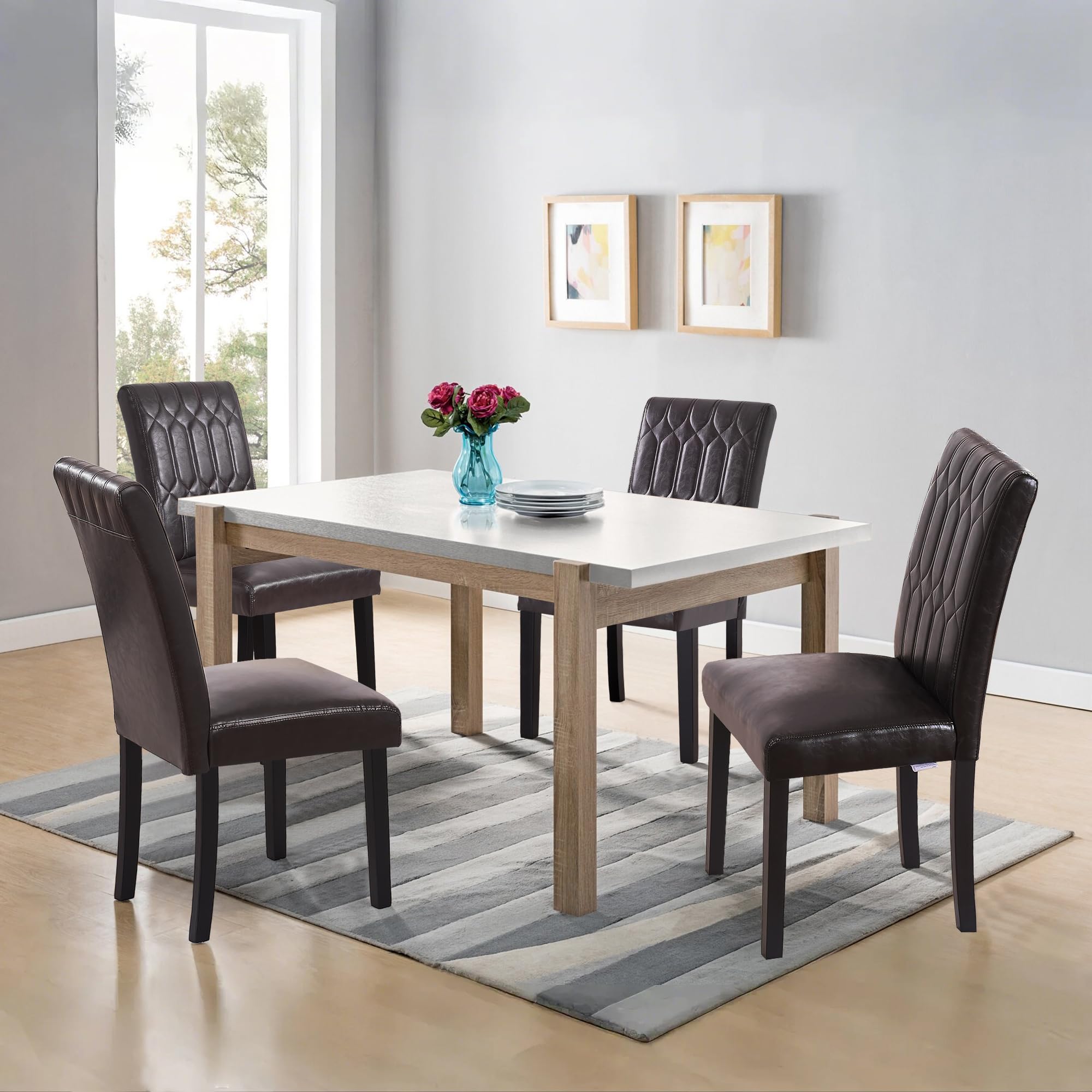 VECELO Set of 6 Modern Upholstered Dining Chairs with PU Leather & Solid Wood Legs - Comfortable Kitchen & Living Room Furniture for Family Gatherings, Dinner Parties & Coffee Time