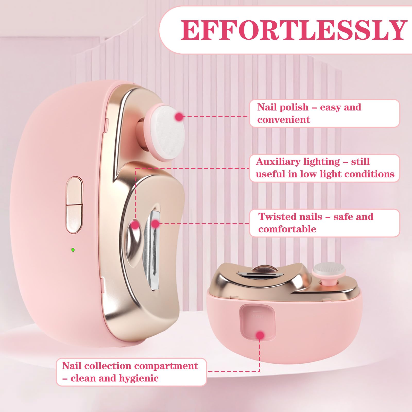 3-in-1 Electric Nail Clipper for Adults - Upgraded Automatic Nail Trimmer with Collector, Safe & Precise Fingernail Clippers - Perfect Gift for Men & Women (Cute Pink) - Ideal for Travel, Home Use & Elderly Care