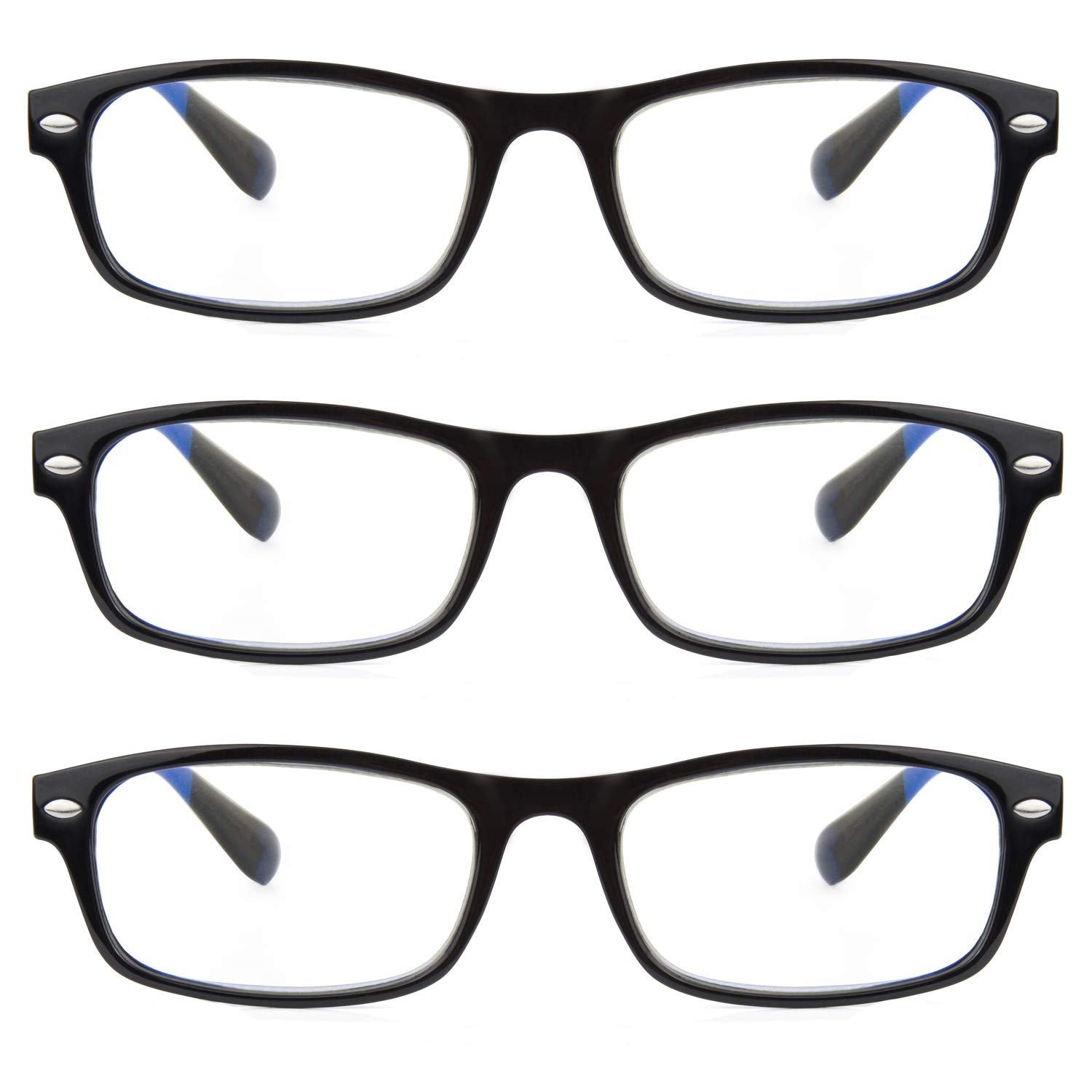 3 Pack Blue Light Blocking & UV Protection Reading Glasses - Rectangular Plastic Frame for Computer Work, Gaming & Night Reading