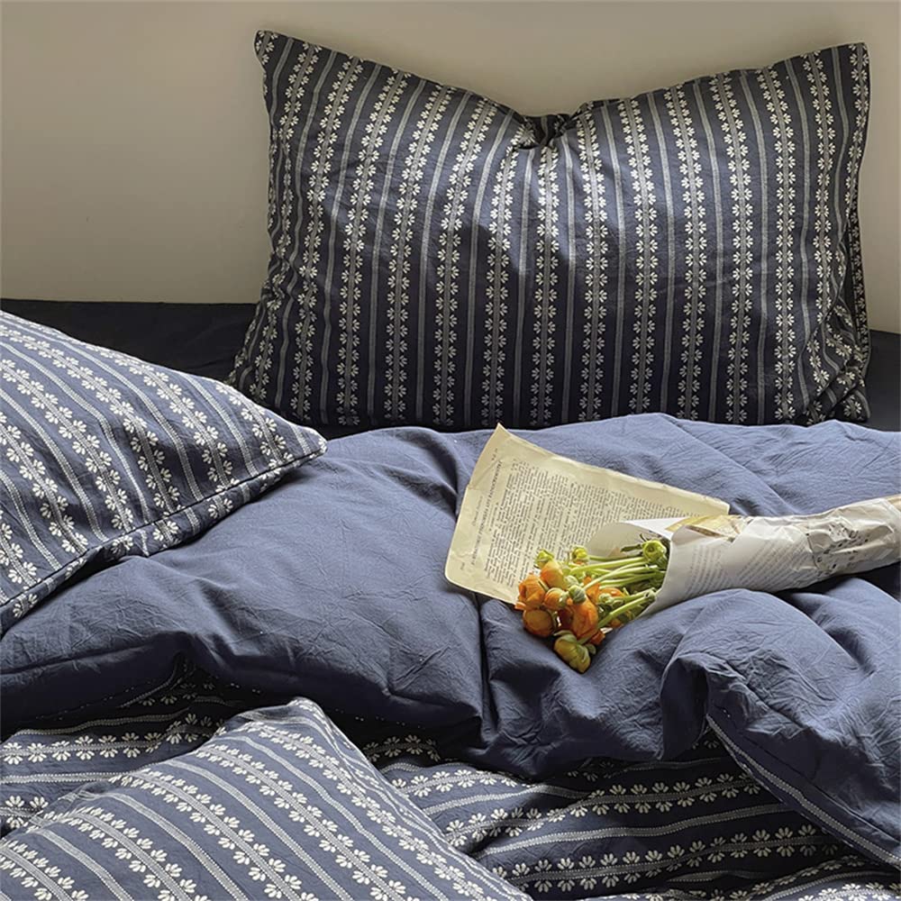 4-Piece Jacquard Bedding Set Queen Size - Ultra Soft 100% Washed Cotton Floral Duvet Cover, Fitted Sheet, Flat Sheet & Pillowcases - Navy Blue Woven Design - Perfect for Master Bedroom, Guest Room & Cozy Home Decor