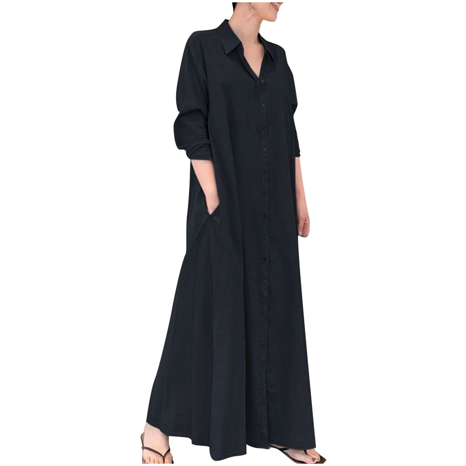 Women's Loose Fit Long Sleeve Printed Cotton Linen Maxi Dress with Pockets - Casual Boho Summer Beach Dress for Vacation, Date Night & Everyday Wear