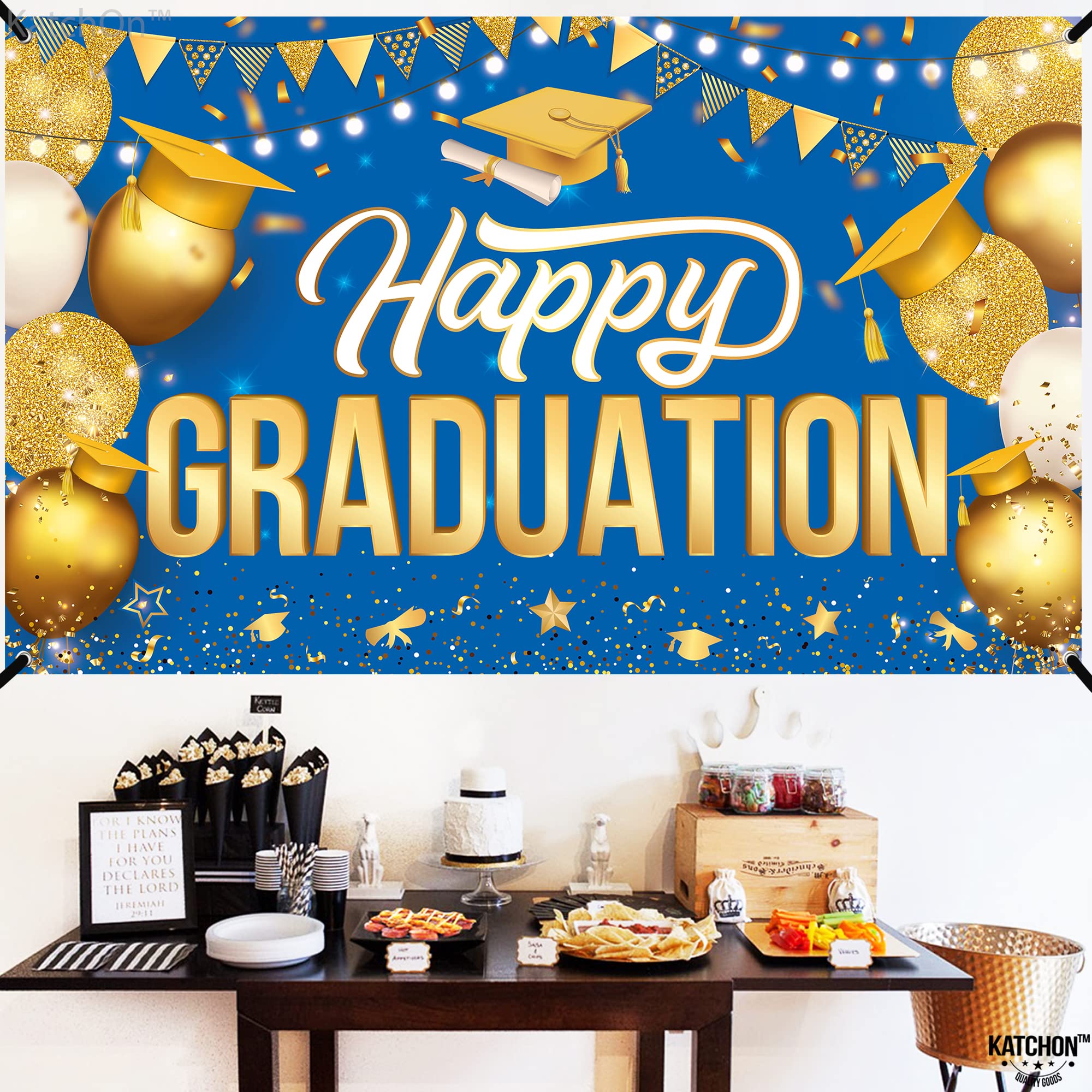 Katchon Extra Large Graduation Banner - 72x44 Inch Gold & Blue Happy Graduation Backdrop for Class of 2025 | 2025 Graduation Party Decorations, Commencement Ceremony Decor | Perfect for Graduation Photos, School Events & Celebration Parties