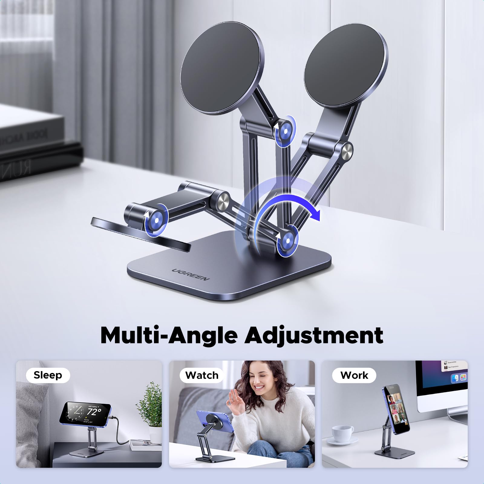 UGREEN Magnetic Phone Stand for iPhone 16/15/14 - Adjustable Magsafe Holder | Desk & Car Use