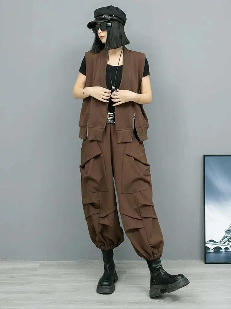 Big Size Coffee Vest & Wide Leg Pants Two-Piece Suit for Women - V-Neck Sleeveless Fashion Set for Spring/Autumn 2025 (1DH8108) | Office Wear, Casual Outfit & Special Occasion