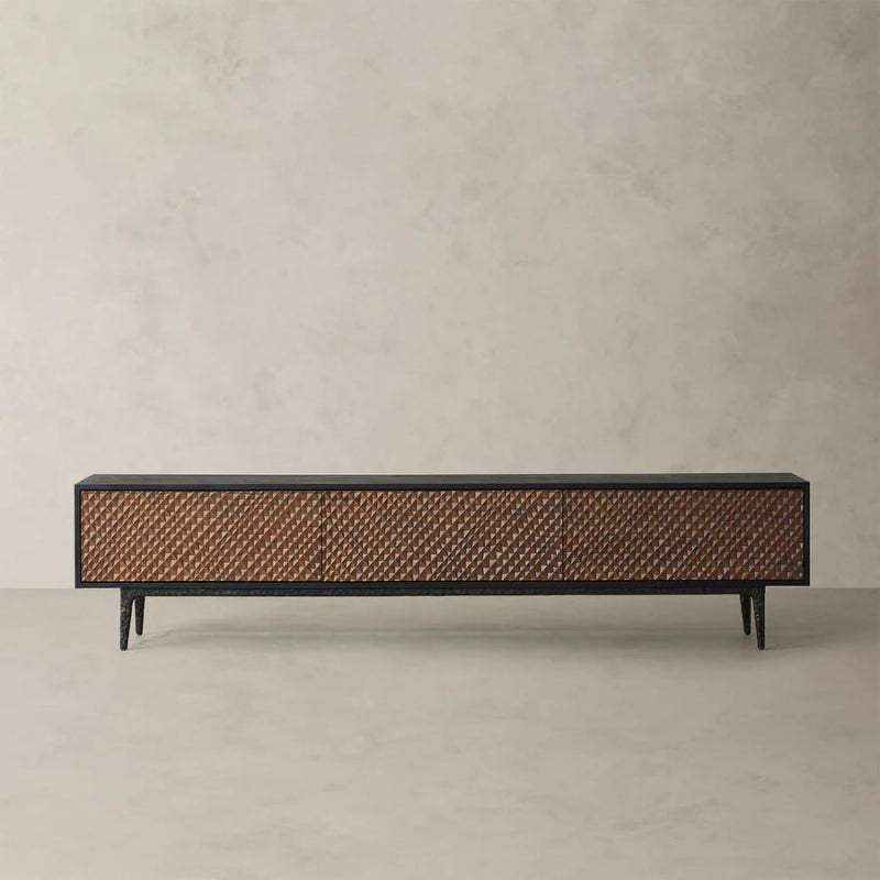 Handmade Designer Brown Wood and Metal Frame Media Console with 3 Doors - Stylish TV Stand for Living Room, Bedroom, or Home Theater