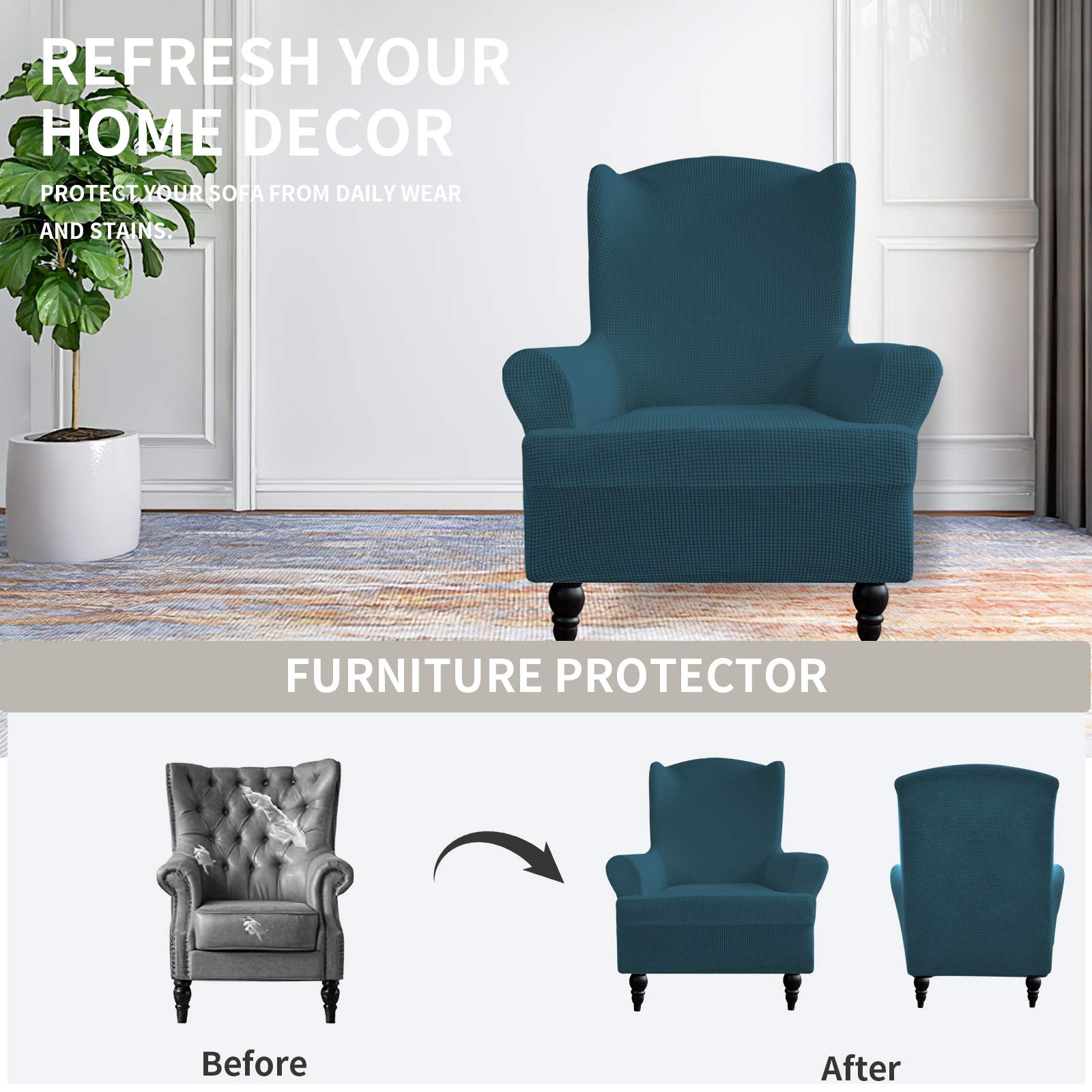Stretch Wingback Chair Slipcover - 1-Piece Elastic Sofa Cover with Jacquard Fabric - Polyester Spandex Furniture Protector for Wing Chairs (Deep Teal, Small Checks) | Perfect for Living Room, Office & Home Decor Protection