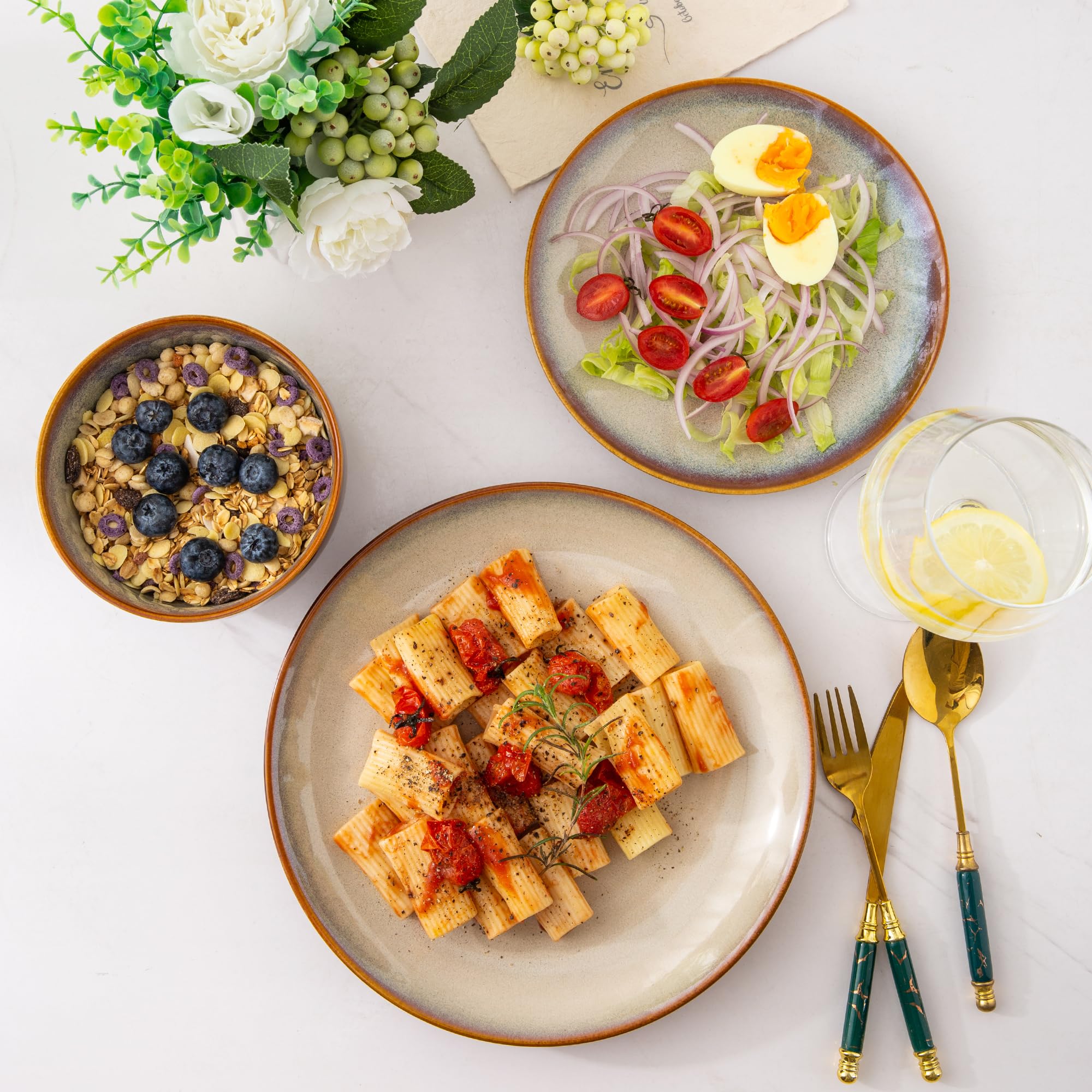 LERATIO 24-Piece Ceramic Dinnerware Set for 8, Stoneware Plates & Bowls with Handmade Reactive Glaze - Chip & Scratch Resistant, Oven, Dishwasher & Microwave Safe - Khaki | Perfect for Family Dinners, Entertaining Guests & Everyday Use