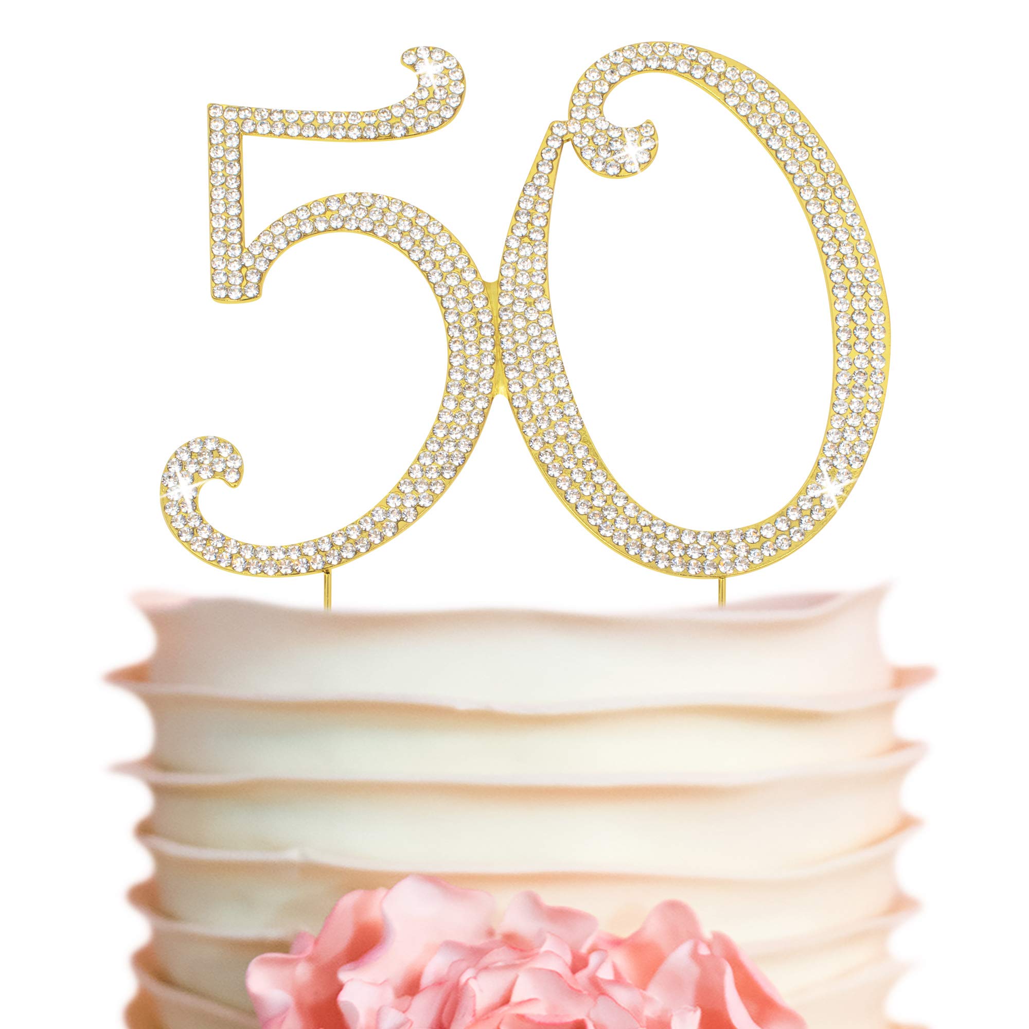50th Birthday Cake Topper - Premium Gold Metal with Sparkly Rhinestones - Elegant Golden Anniversary Party Decoration & Centerpiece - Comes in Protective Box - Perfect for Milestone Celebrations & Wedding Anniversaries