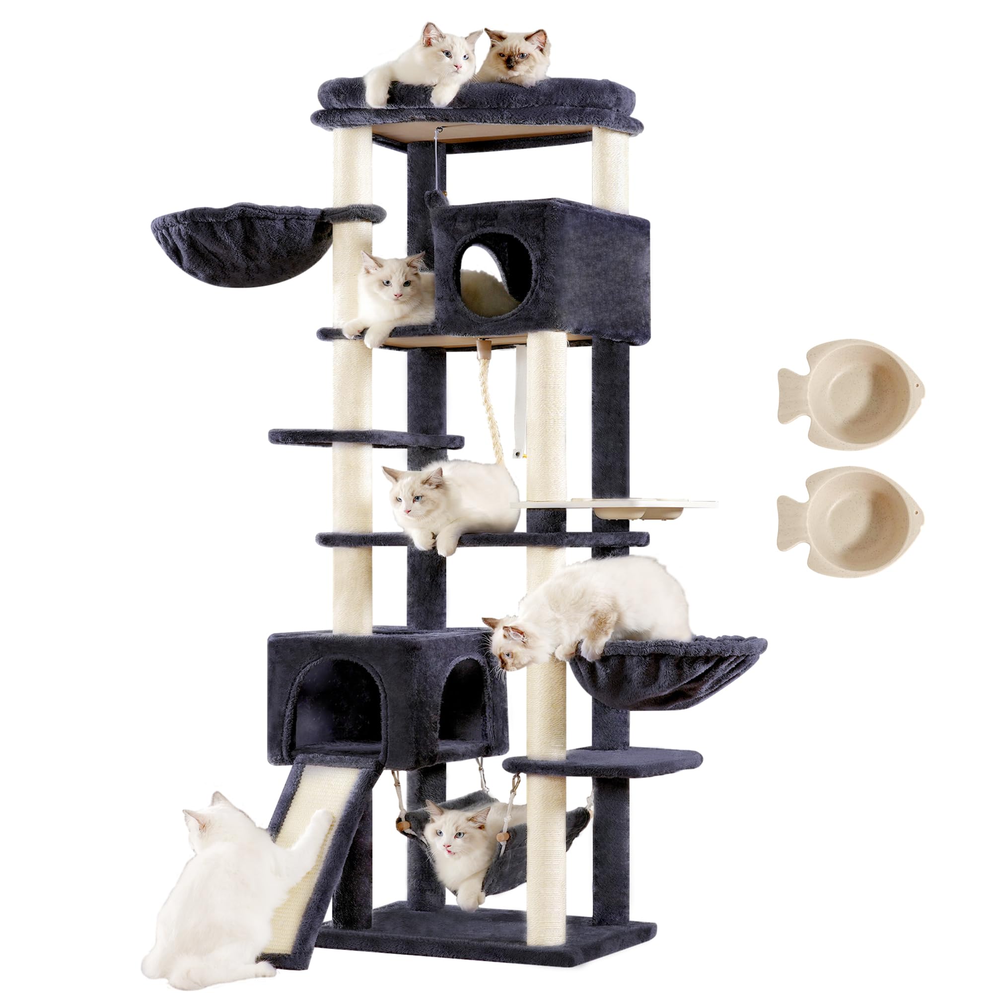 Hey-brother 70.8 Inches Multi-Level Cat Tree Tower for Large Cats - Heavy Duty Cat Condo with Scratching Posts, Baskets, Hammock & Food Bowls (Smoky Gray) - Perfect for Indoor Play, Climbing & Relaxation