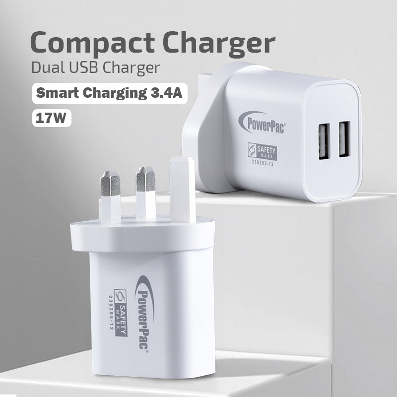 Fast Charging USB Smart Charger with 2 USB A Ports - Dual Voltage 100-240V AC, 17W Power (Model PP7985BK) - Perfect for Travel, Home & Office Use