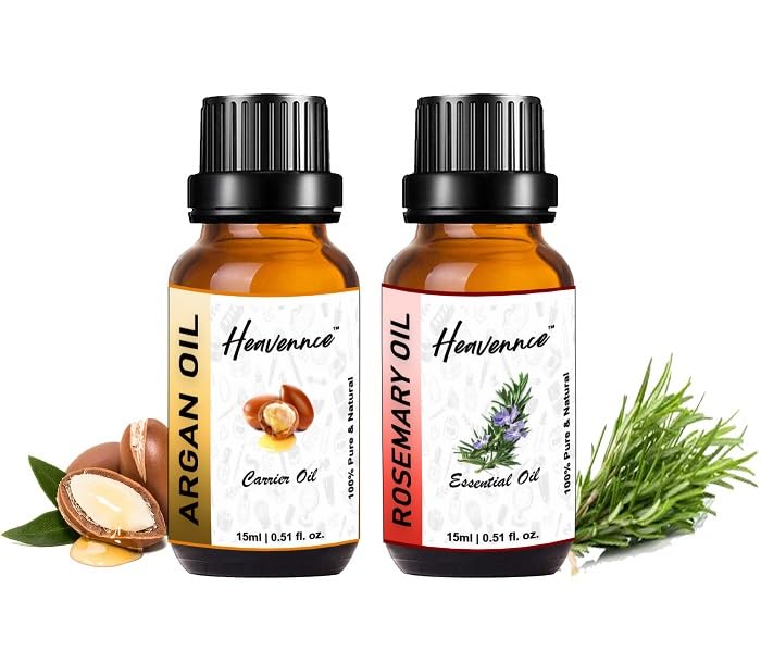 Heavennce Argan Oil & Rosemary Oil Combo for Hair Growth, Skin Moisturizing & Anti-Aging | Natural Hair Care & Skin Rejuvenation Treatment | Aromatherapy Essential Oils Duo | Perfect for Daily Hair Routine & Spa Night Self-Care (Pack of 2, 30ML Each)