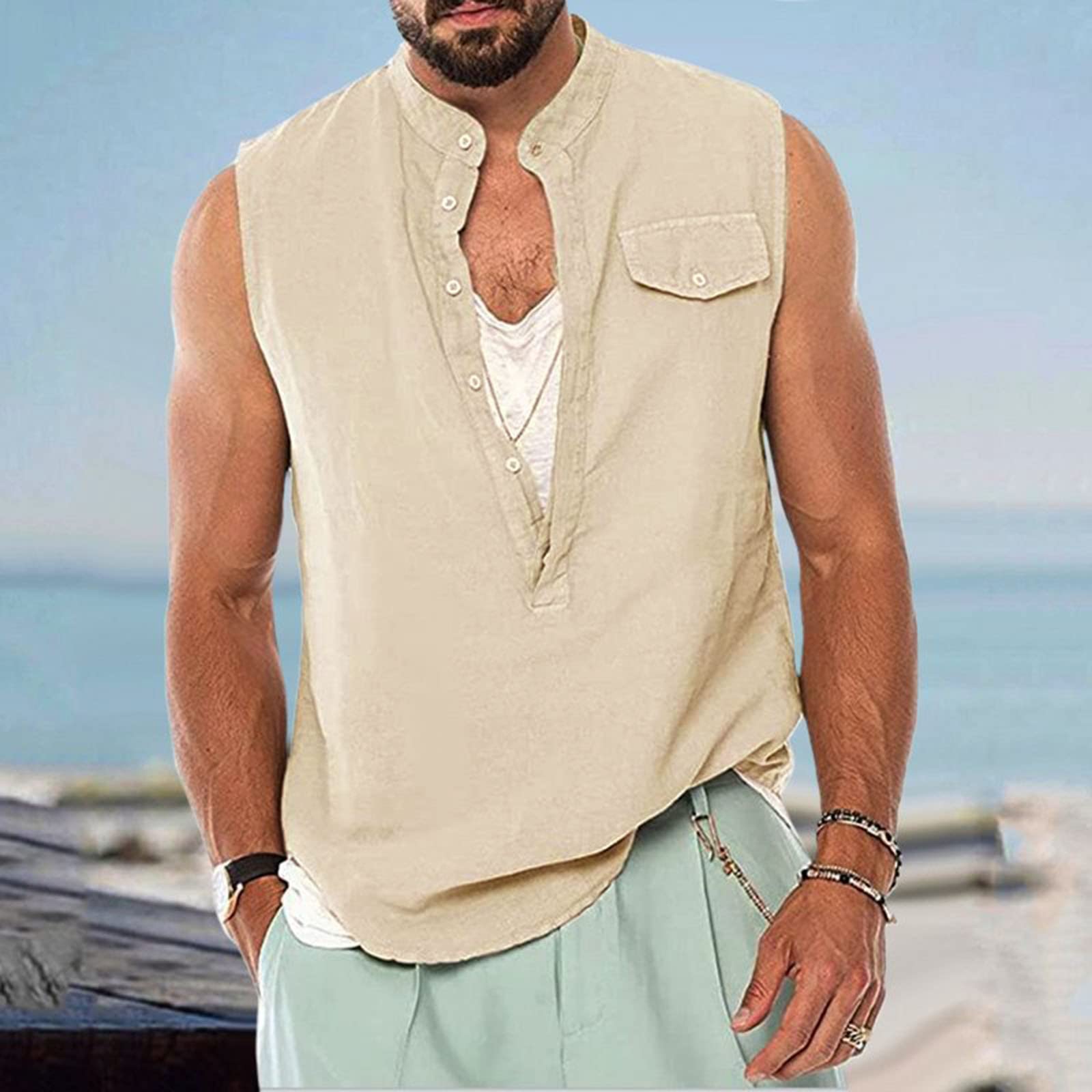 Men's Linen & Cotton Sleeveless V-Neck Tank Top - Breathable Summer Beach Shirt for Hippie Style, Punk Fashion & Casual Wear | Perfect for Outdoor Music Festivals, Vacations & Boho Chic Outfits