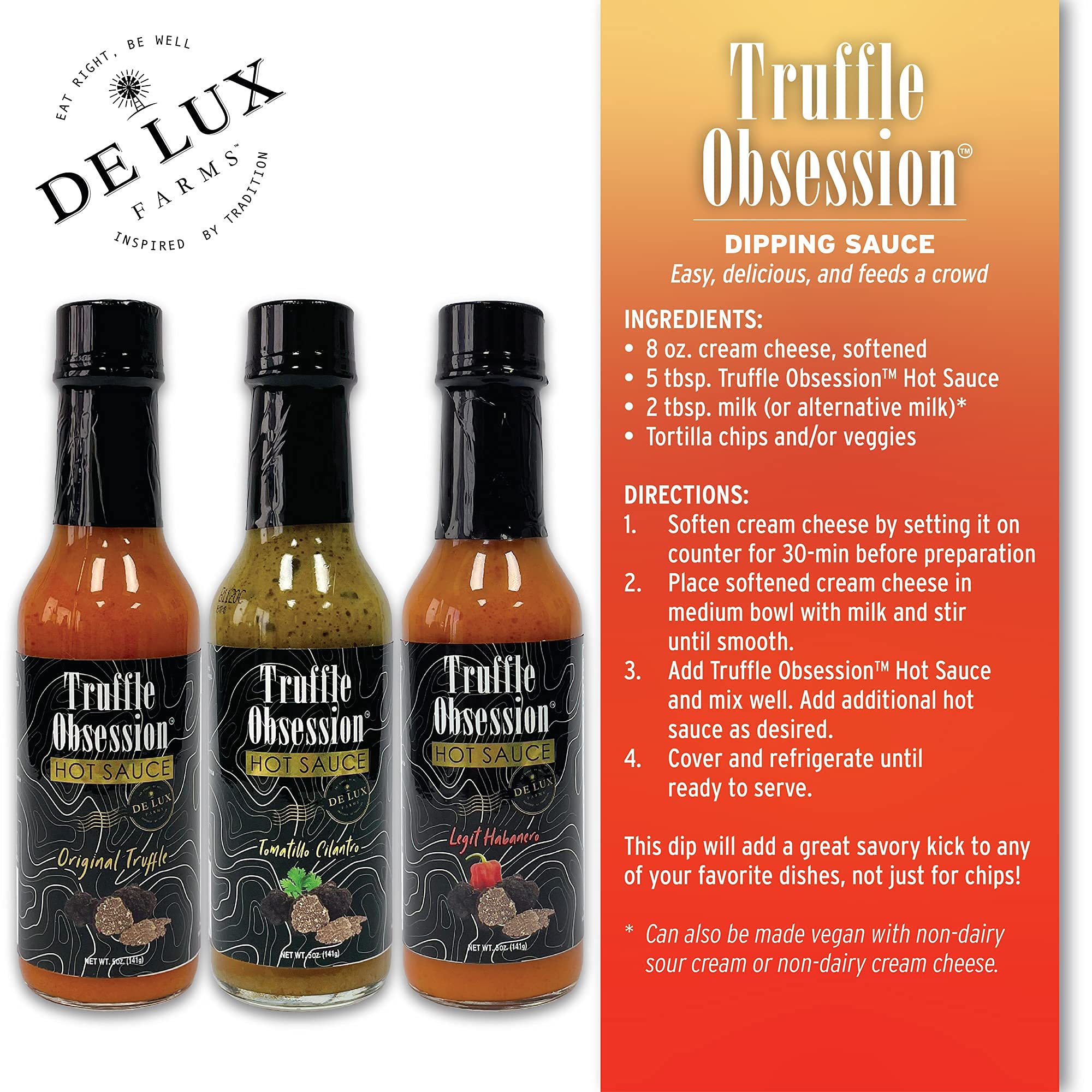 De Lux Farms - Truffle Obsession Gourmet Hot Sauce Variety 3 Pack - Kosher Certified, White Truffle Oil Infused, Non-GMO, Plant Based, Zero Sugar Hot Sauce (3 x 5 oz Bottles) - Perfect for Pizza, Pasta, Burgers & Gourmet Cooking