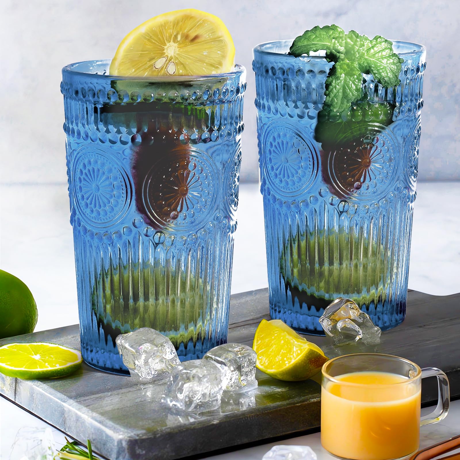Vintage Drinking Glasses Set of 6 - 12 oz Blue Highball Glasses with Embossed Ribbed Design - Perfect for Cocktails, Water, Juice, Coffee & Whiskey - Ideal for Home Bars, Parties & Gifts