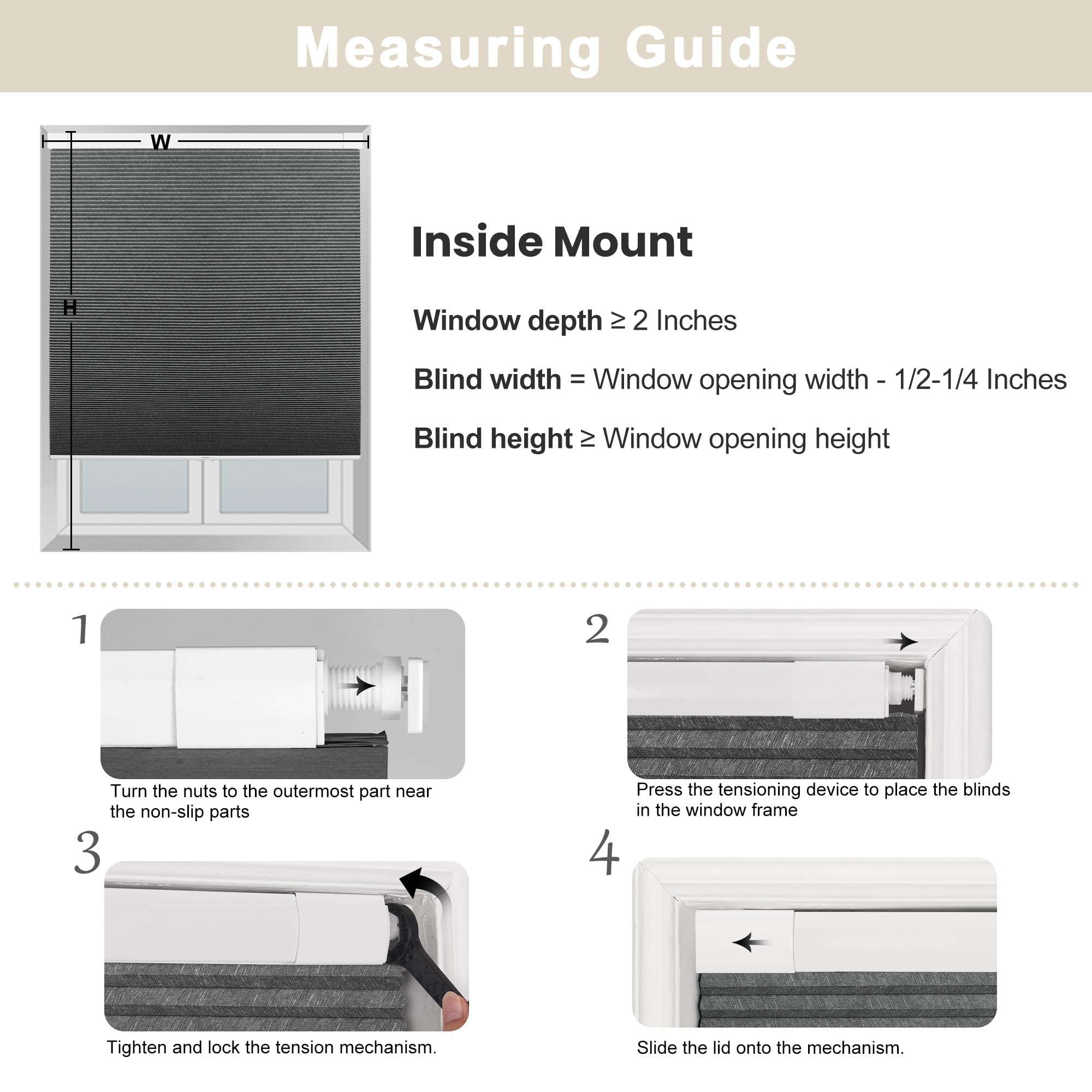 BERISSA Cordless Cellular Shades - No Drill No Tools Easy Install, Blackout Jacquard Fabric Honeycomb Blinds for Windows, 16