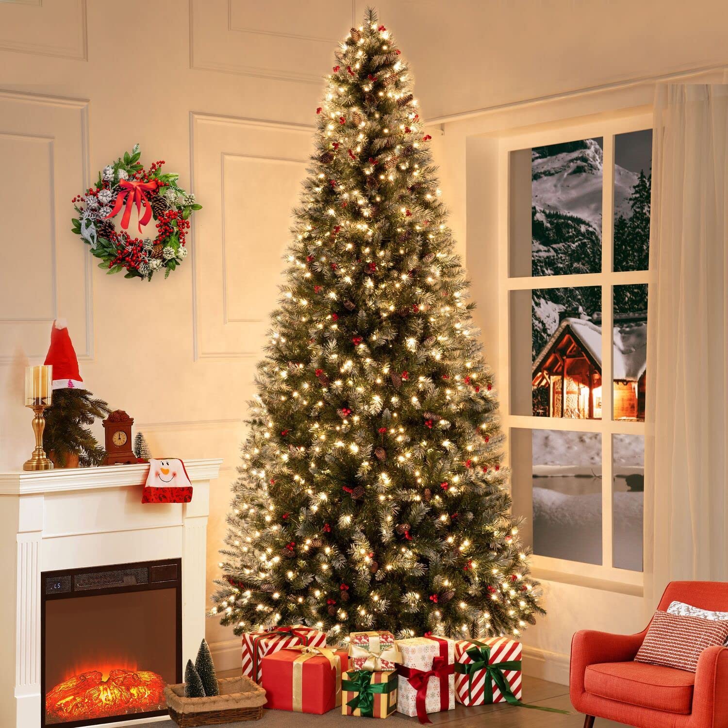 9ft Pre-Lit Artificial Christmas Tree with Pine Cones & Berries - 900 Warm White LED Lights, 2128 Branch Tips, Foot Pedal Control, Metal Stand - Realistic Spruce Decor for Living Room, Office & Holiday Parties