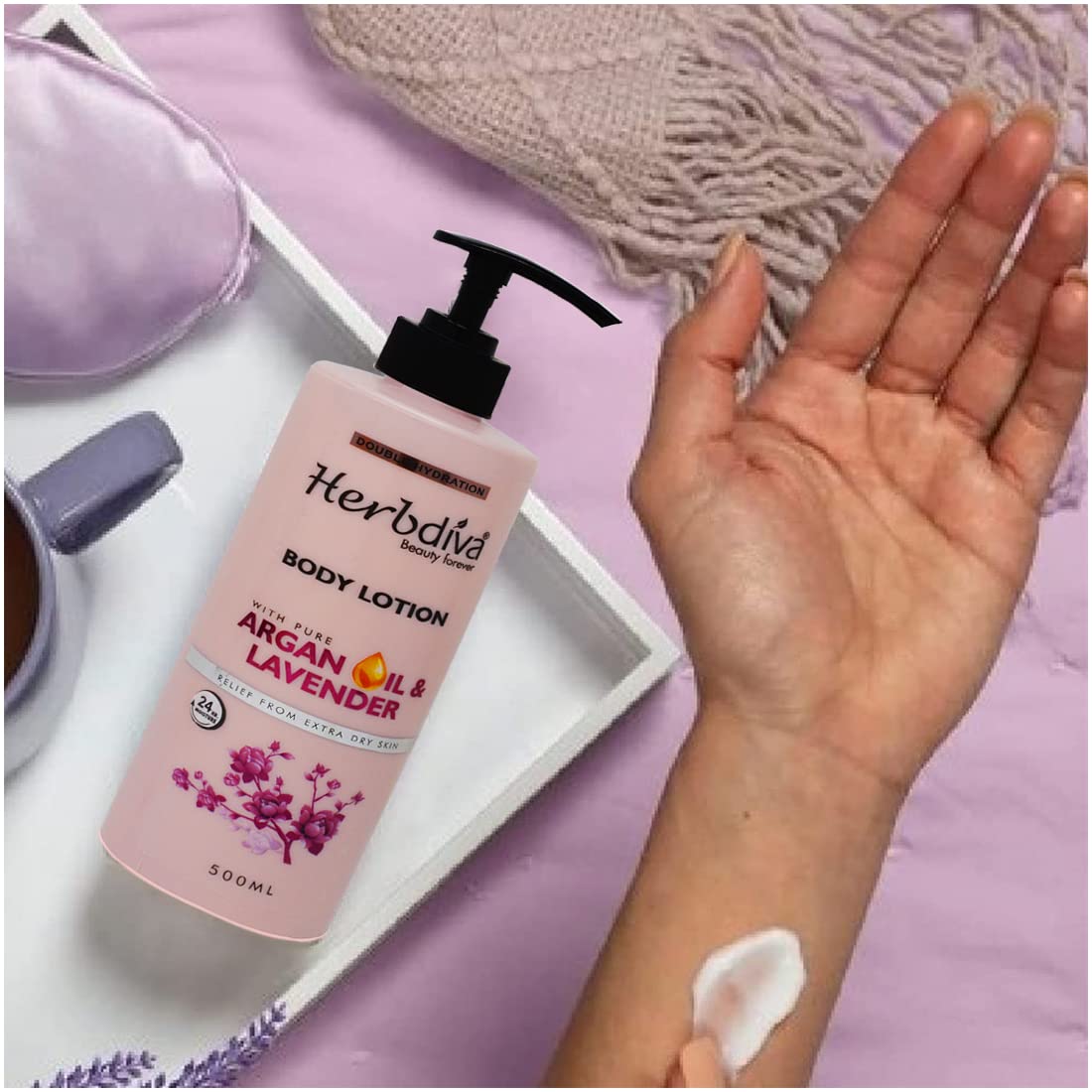 Herbdiva Double Hydration Body Lotion with Argan Oil & Lavender - 24HR Moisturizing Cream for Extra Dry Skin Relief - 500ml - Perfect for Daily Hydration & Nighttime Skin Repair