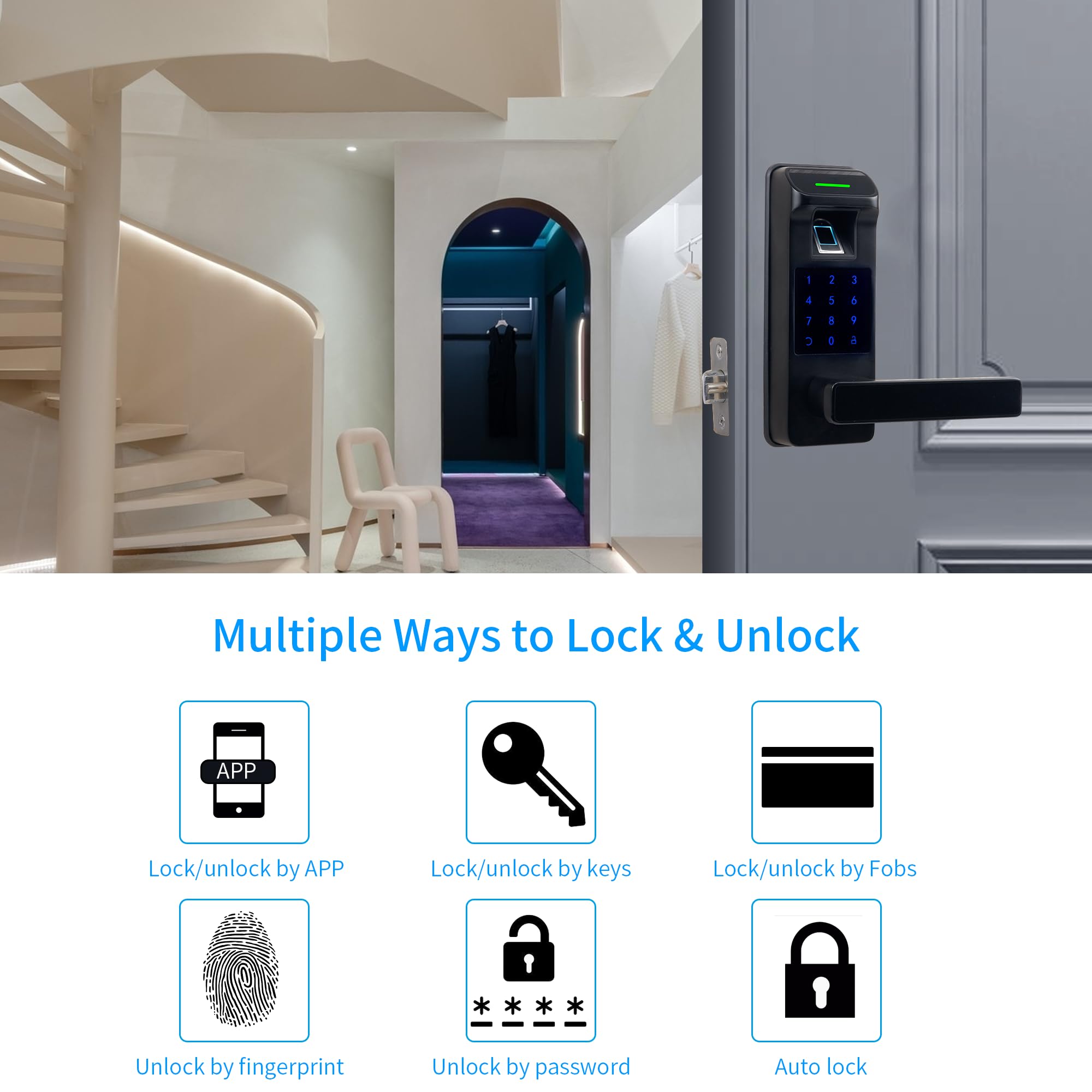 HARFO 5-in-1 Smart Fingerprint Door Lock - Keyless Entry with Touchscreen Keypad, Reversible Handle & Digital Keypad - Secure Electronic Deadbolt for Home, Office & Apartment (Black) - Ideal for Modern Smart Homes & Vacation Rentals