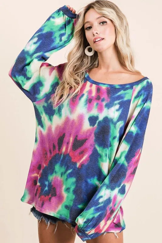 BiBi Tie Dye Print Terry Top with Puff Sleeves | Women's Fashion Casual Shirt | Perfect for Summer Outfits, Beach Wear & Music Festivals