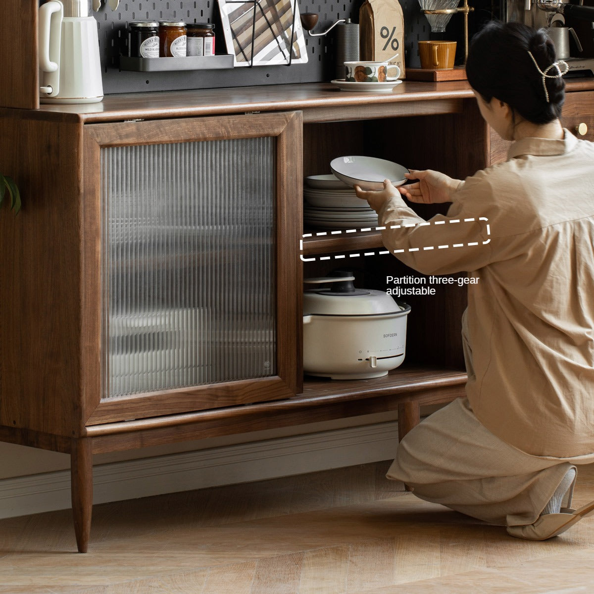 Black Walnut Sideboard with Integrated High Cabinet & Glass Doors - Stylish Storage for Dining Room, Living Room, or Entryway