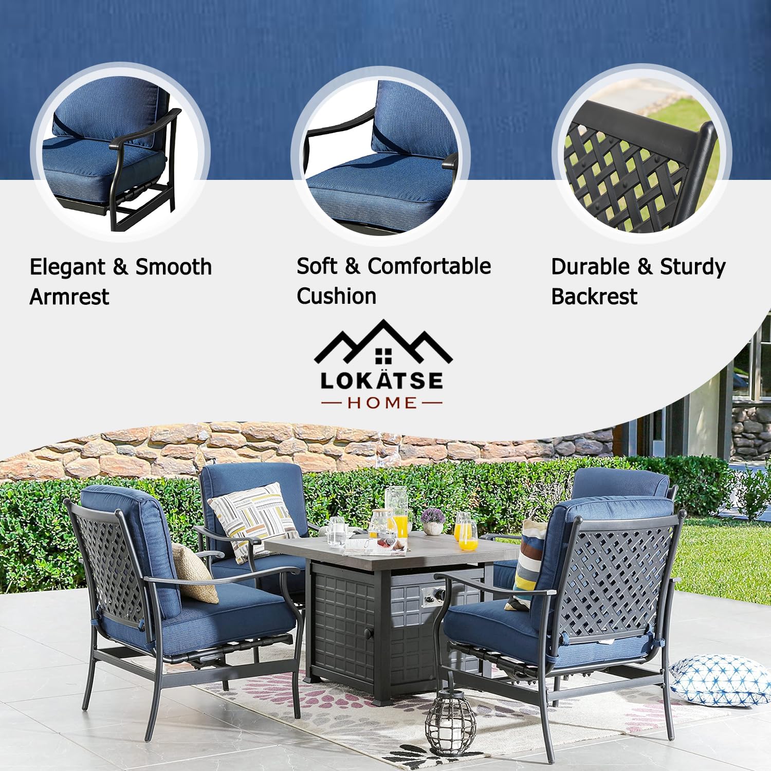 LOKATSE HOME 5-Piece Outdoor Patio Furniture Set with Square Fire Pit Table, Arm Chairs & Cushions - Blue - Perfect for Backyard, Garden, Poolside & Outdoor Entertaining