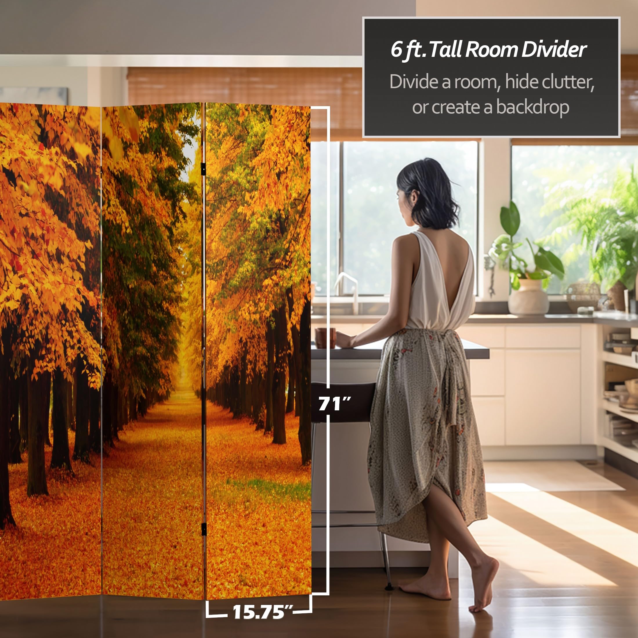 6 ft. Tall Double Sided Autumn Trees Room Divider - 71 Inch Height, 3 Panel Wide Folding Privacy Screen for Living Room, Bedroom, Office & Wedding Decor