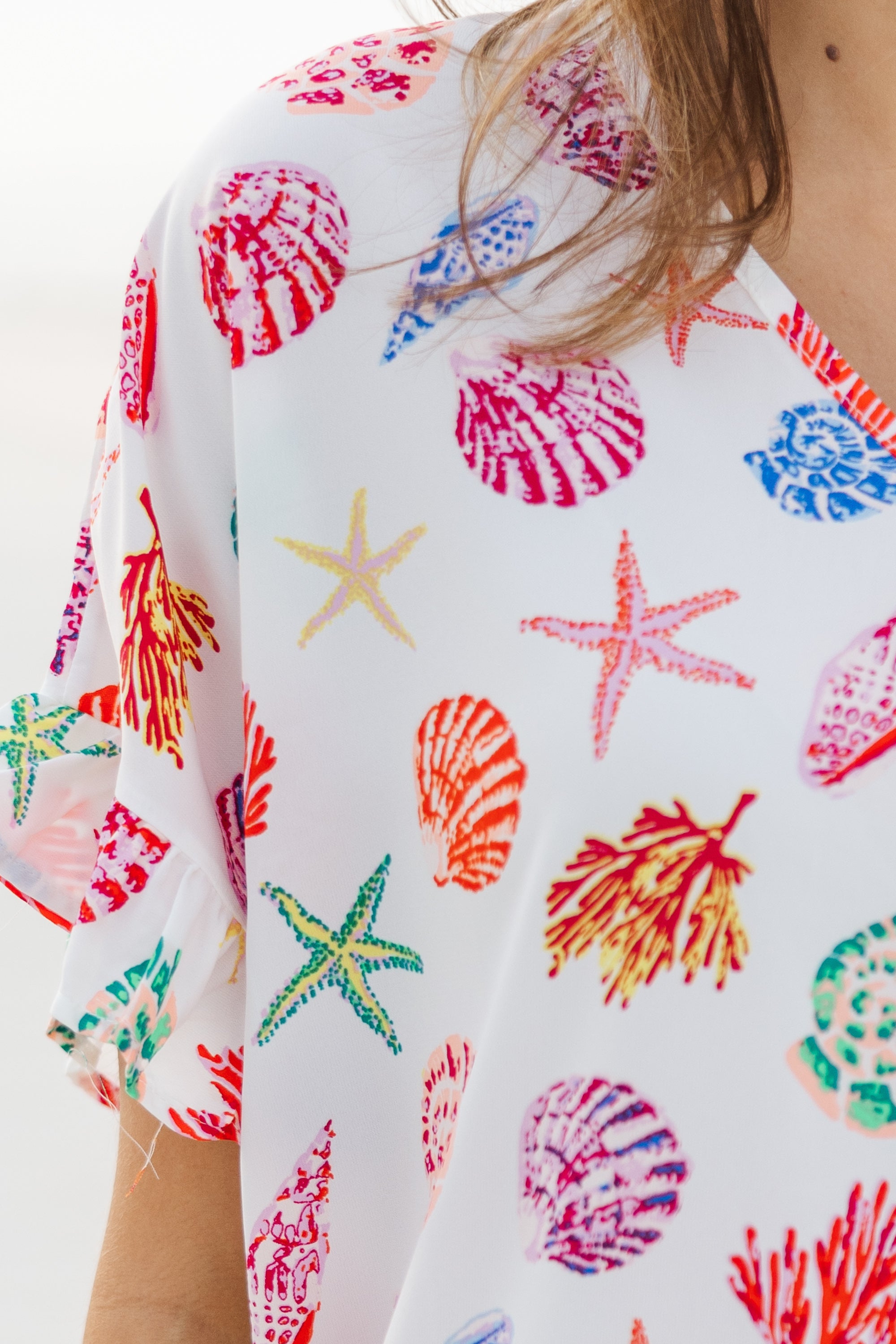 Down By The Sea Ivory White Printed Top Women's Casual Beach Shirt - Perfect for Summer Vacations, Seaside Getaways & Boho Outfits