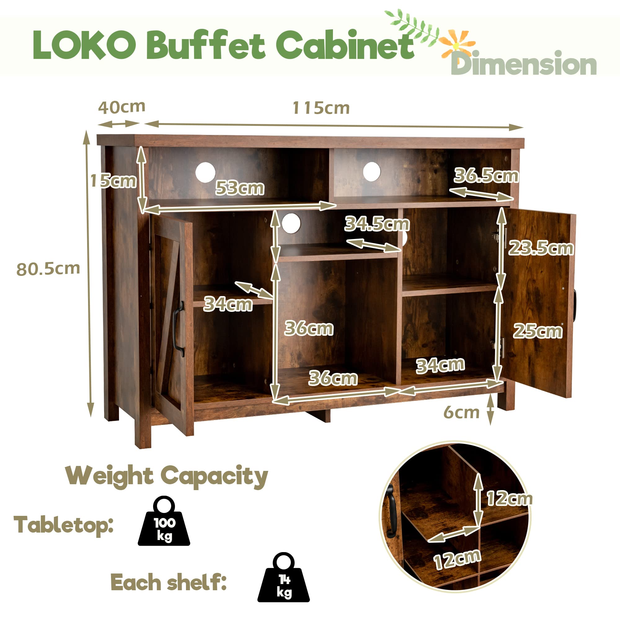 LOKO Industrial Buffet Cabinet with Storage - 45 x 16 x 31.5 Inches Kitchen Sideboard with Removable Wine Rack & Adjustable Shelves - Perfect for Dining Room, Living Room or Office Storage Organization