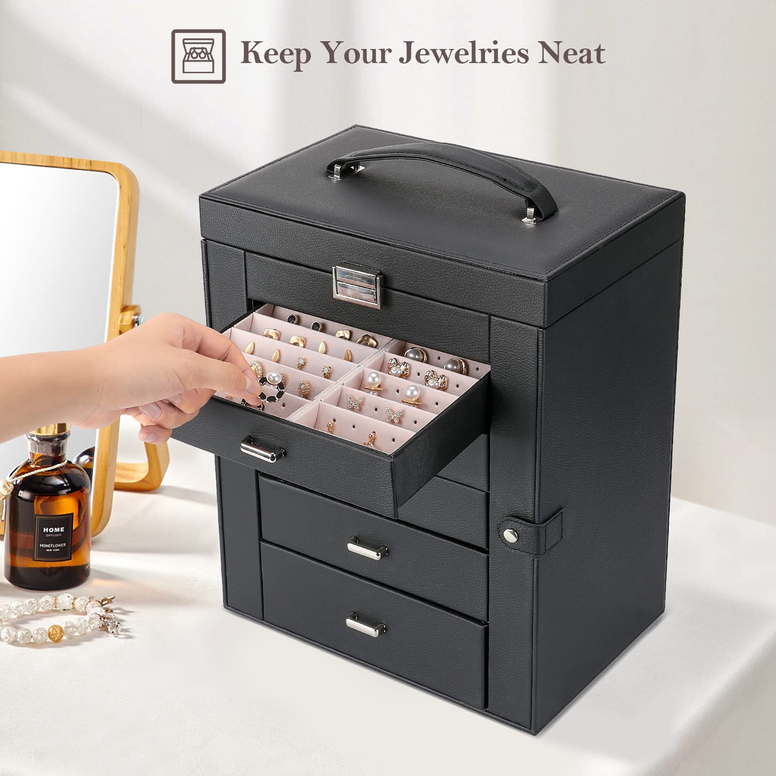ProCase 6-Layer Large Jewelry Organizer Box for Women - Elegant Jewelry Storage Case with Mirror for Necklaces, Rings, Earrings & Bracelets - Perfect Gift for Girlfriend, Wife, Daughter (Home & Travel Use)