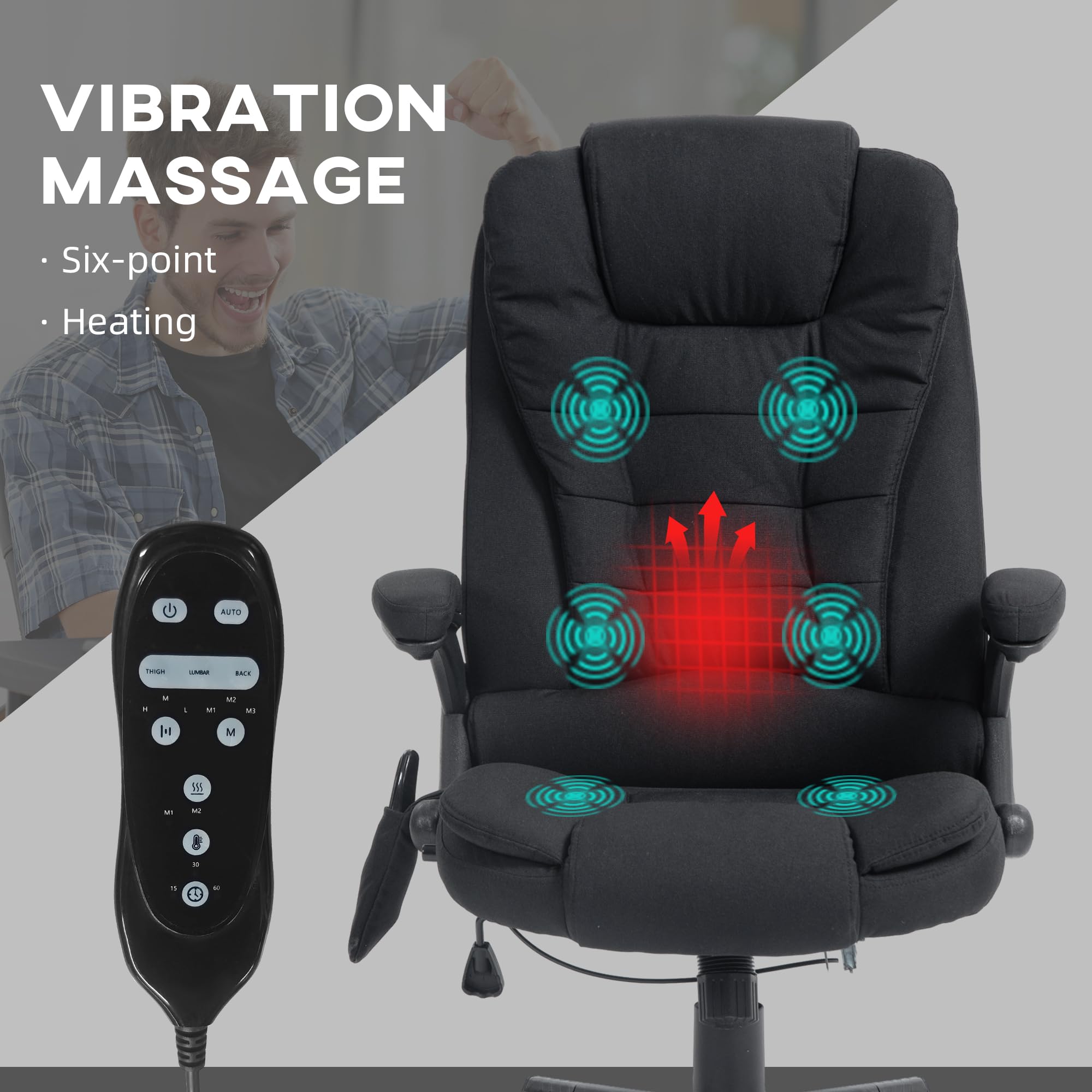 Vinsetto 6-Point Vibrating Massage Office Chair with Heating - High Back Executive Chair with Reclining Function, Padded Armrests & Remote Control - Black - Perfect for Home Office, Gaming & Relaxation