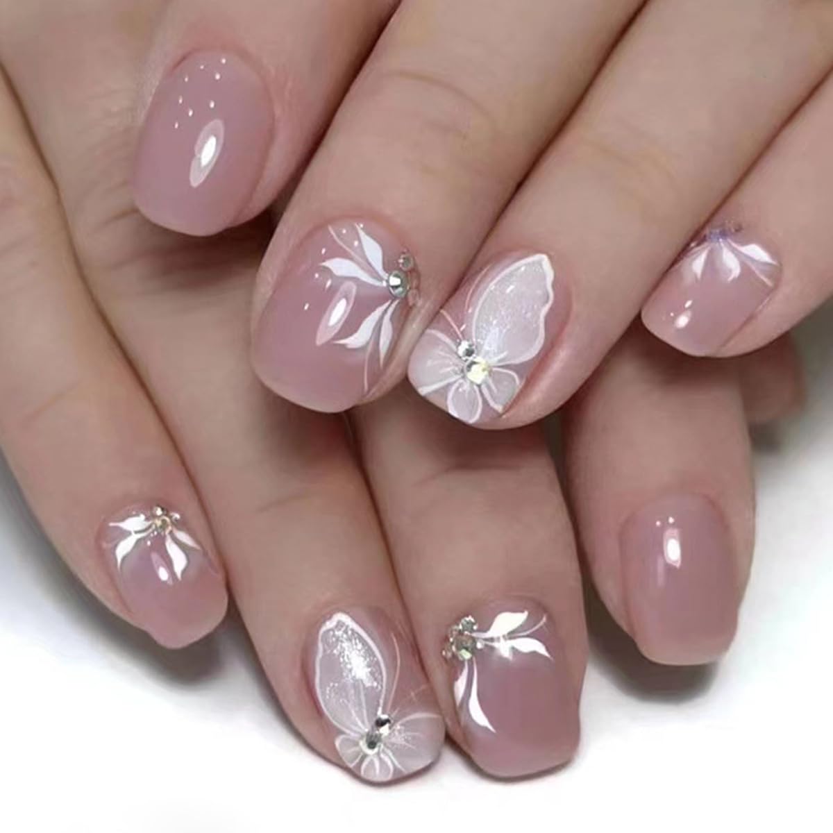 Pink Butterfly Diamond Press on Nails - Short Acrylic Fake Nails with Sparkle Designs, Reusable Stick on Nails for Women & Girls (24Pcs) - Perfect for Parties, Weddings, and Everyday Glam
