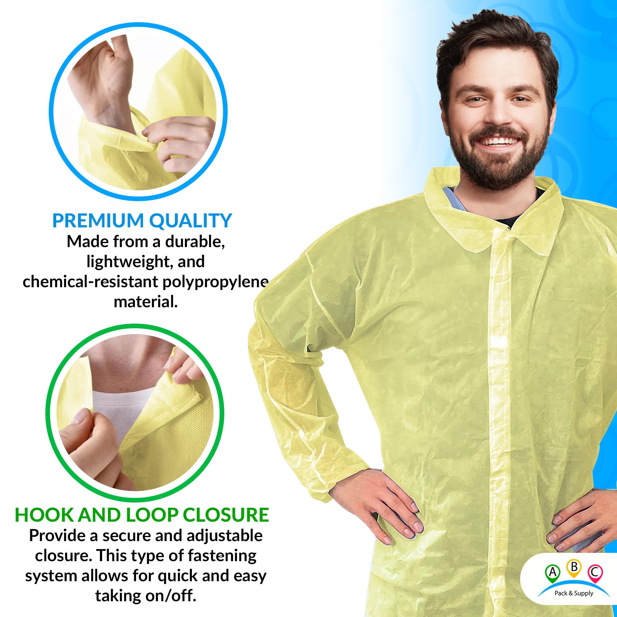 ABC Yellow Disposable Lab Coats for Adults - 2XL Size, 50 Pack Polypropylene Medical Protective Clothing, 44 Inches Long with Hook & Loop Closure, Elastic Wrists (No Pockets) - Ideal for Medical Labs, Painting, Science Experiments & Industrial Work PPE