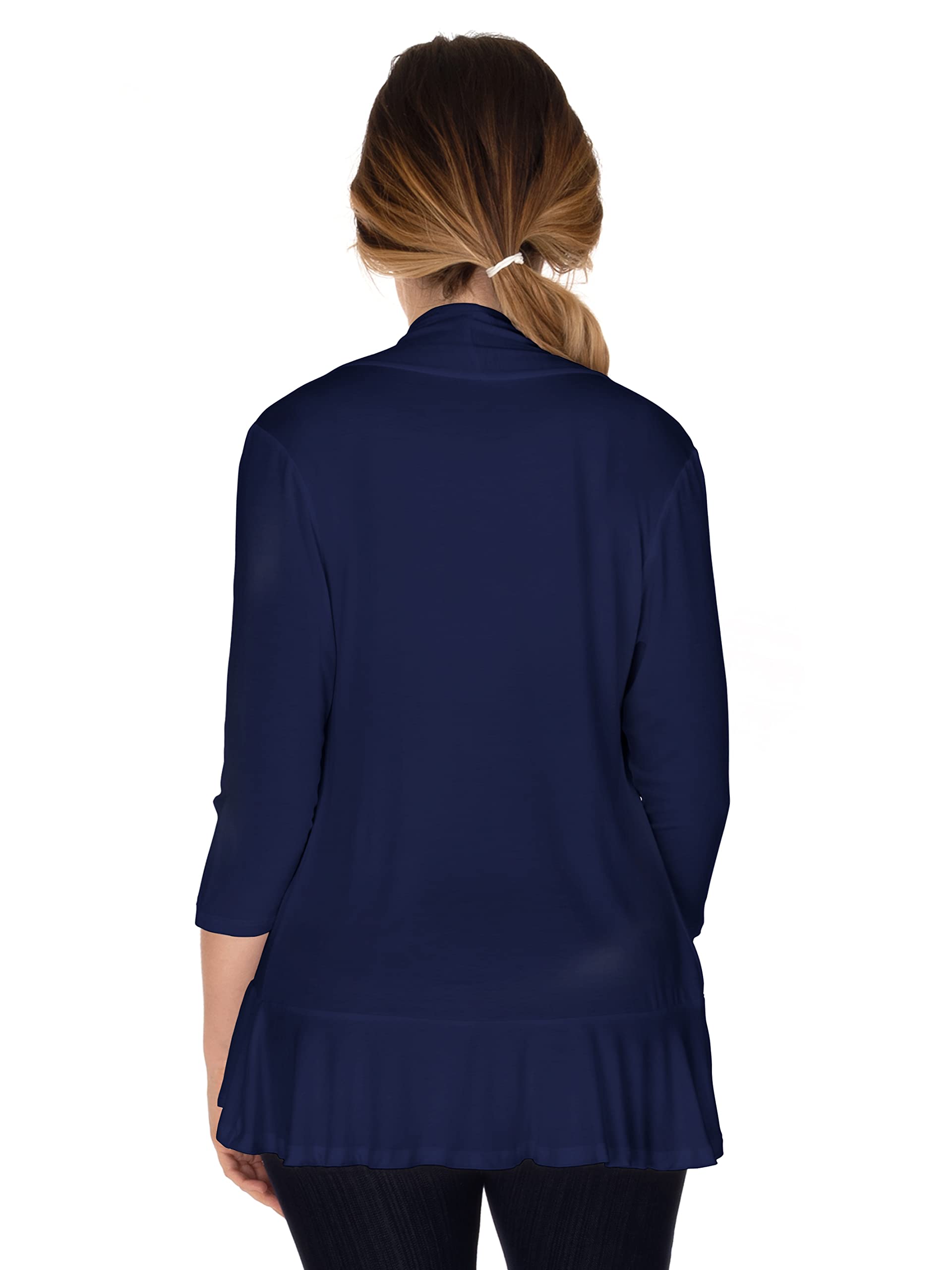 Women's Navy 3/4 Sleeve Ruffle Cardigan Sweater - Small Size | Perfect for Office Wear & Spring Layering