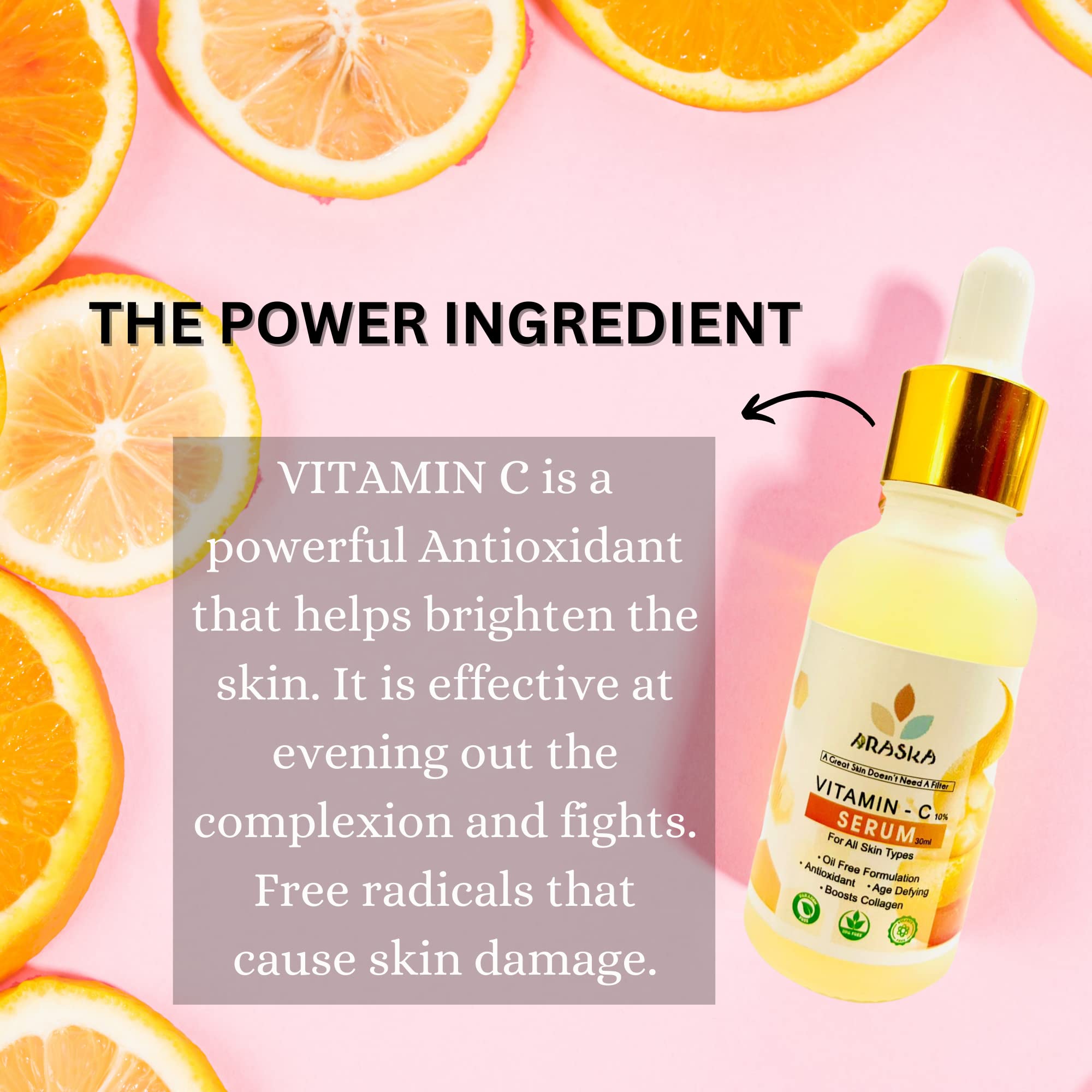 Araska 10% Vitamin C Face Serum for Brightening & Glowing Skin | Pure Ethyl Ascorbic Acid Serum to Reduce Hyperpigmentation & Dark Spots | Anti-Aging Facial Treatment for Dull Skin | 30ml | Perfect for Morning Skincare Routine & Night Repair