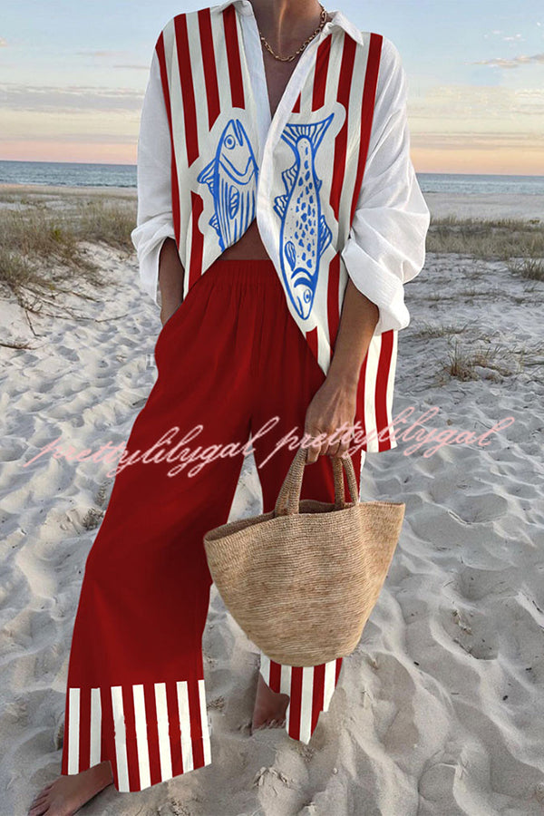 Stylish Striped Fish Print Oversized Shirt & Elastic Waist Pocket Pants Set - Comfortable Casual Outfit for Women, Beach Vacation, Summer Travel