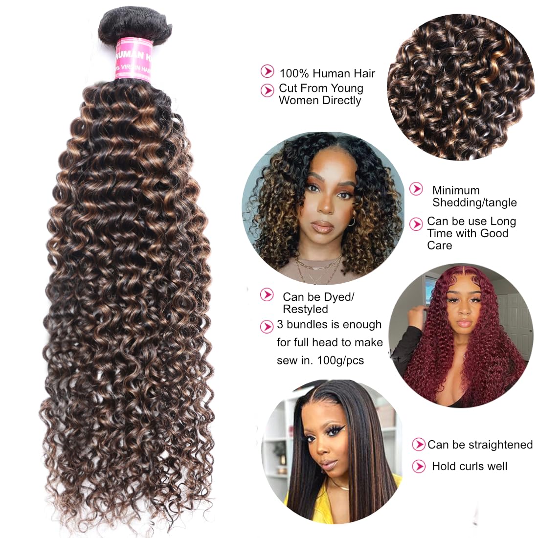 UNICE 16/18/20 Inch Brown Highlight Deep Curly Brazilian Remy Human Hair Weave Bundles - Ombre Blonde with Dark Roots for Sew-In & Wig Making (FB30 Color) | Perfect for Parties, Weddings & Daily Styling