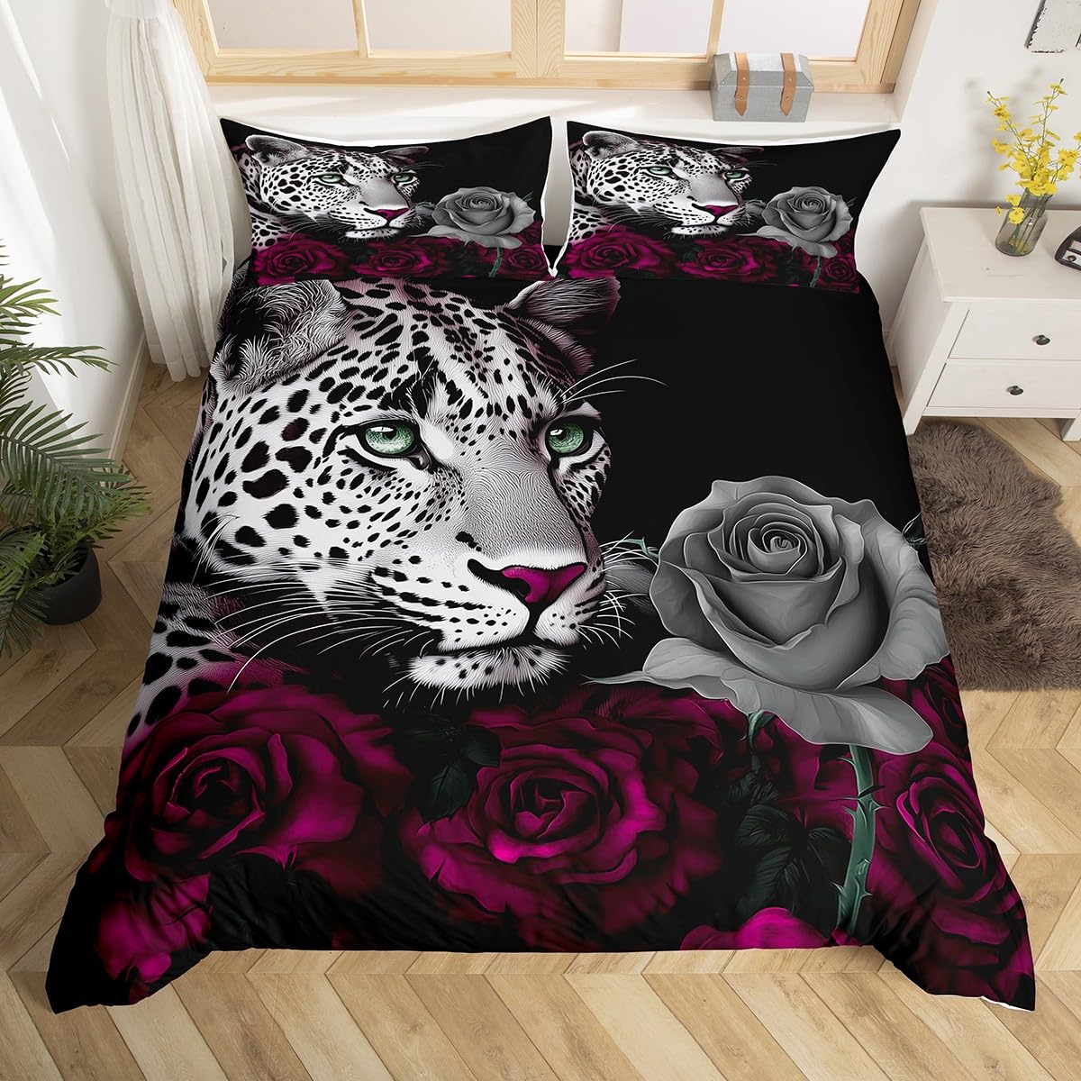 Cheetah Leopard Duvet Cover Twin Size - Wild Animal Safari Bedding Set for Kids Boys & Girls, Pink Rose Floral Design, Soft & Warm African Animal Theme Quilt Cover - Perfect for Jungle Themed Bedrooms & Safari Nursery Decor