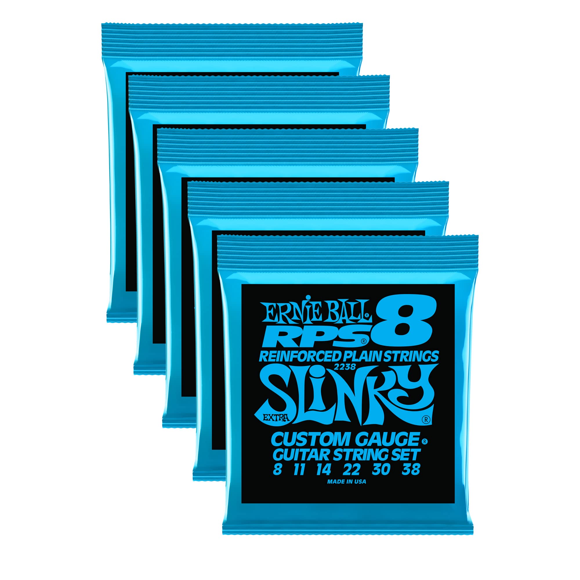 5-Pack Ernie Ball 2238 RPS Reinforced Extra Slinky Electric Guitar Strings 8-38 Gauge - Perfect for Rock, Blues & Studio Recording