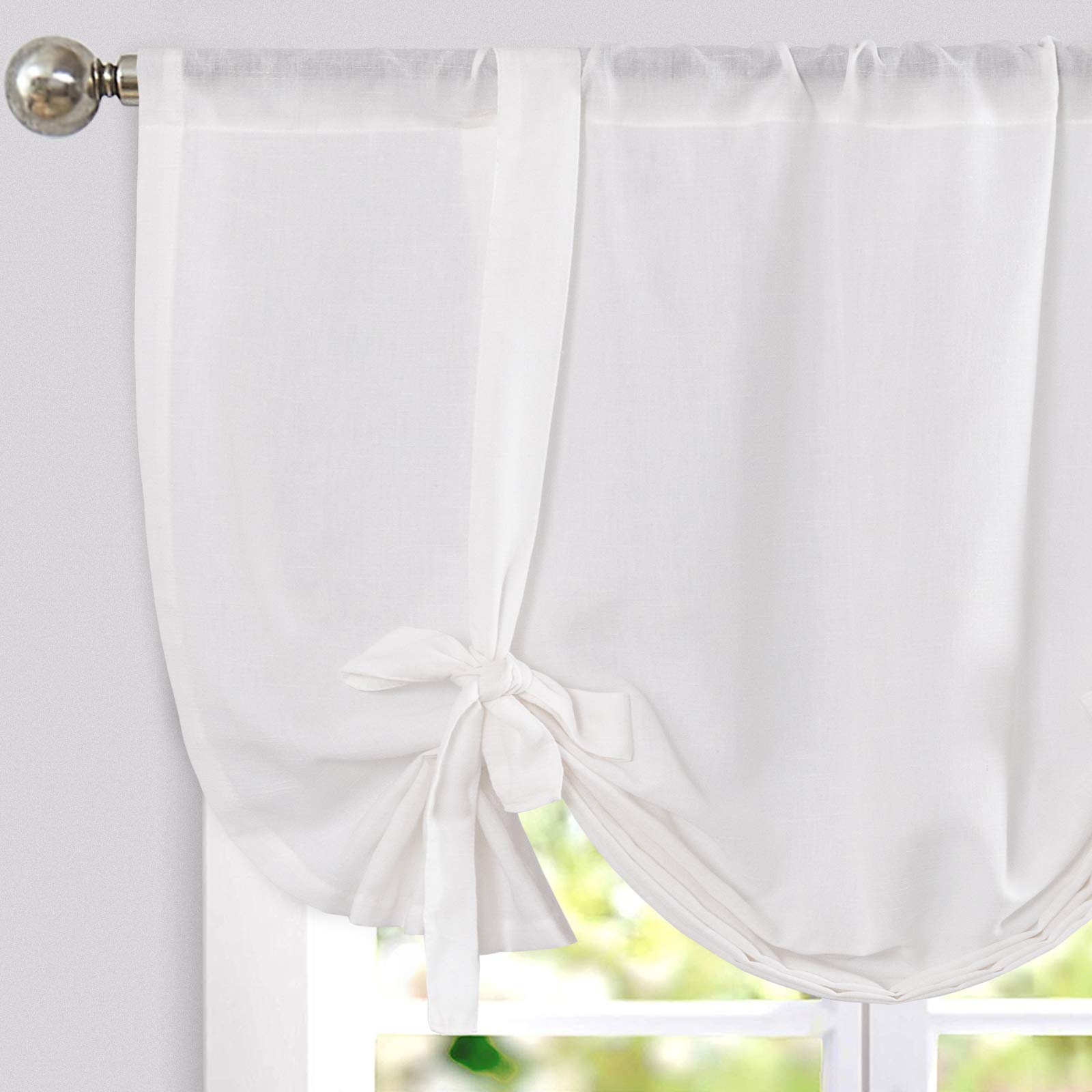 Farmhouse Linen Tie-Up Valance Curtains - 45 Inch Rustic Adjustable Kitchen & Living Room Window Drapes | Light Filtering Rod Pocket Design | Country Style Home Decor for Small Windows (1 Panel, White) - Perfect for Cozy Farmhouse Kitchens, Sunlit Living Rooms & Cottage Style Bedrooms