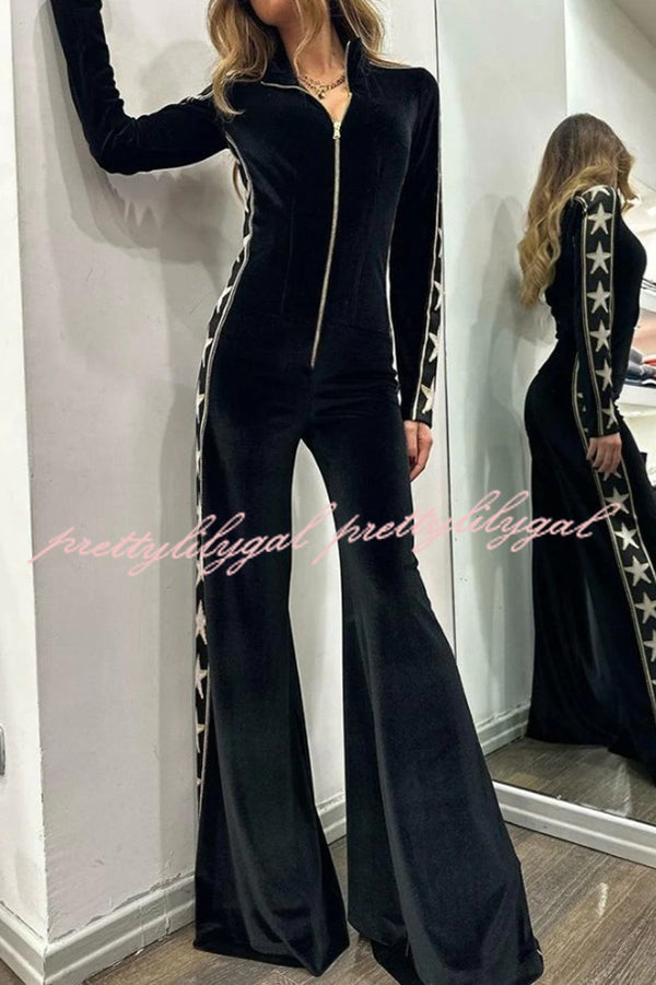 Stylish Star Print Velvet Patchwork Zipped Wide Leg Jumpsuit for Women | Trendy Plus Size Romper | Perfect for Parties, Date Nights & Casual Outings