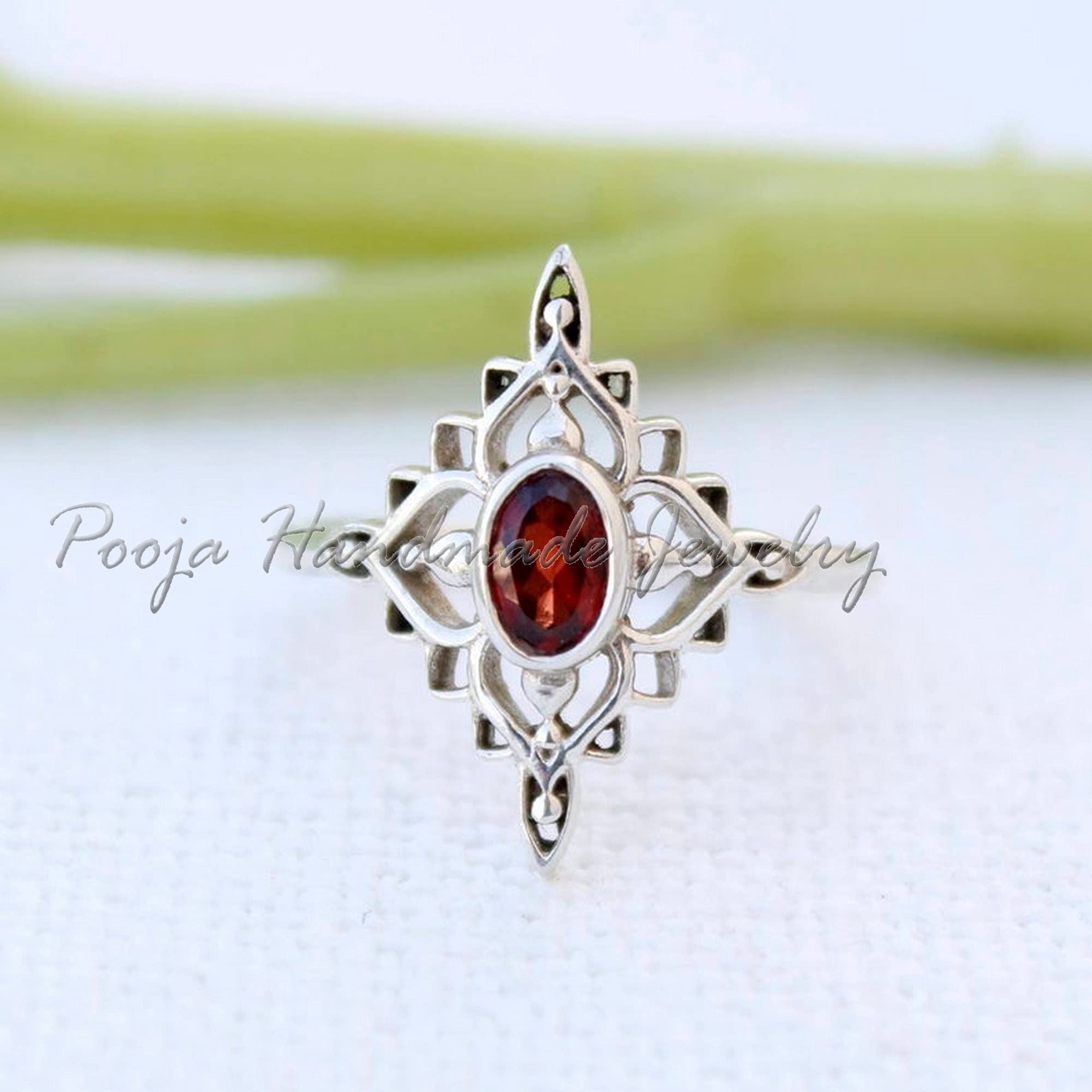 Gorgeous Handmade Sterling Silver Garnet Ring – January Birthstone, Boho Jewelry for Women, Dainty Flower Design, Perfect for Everyday Wear & Engagement