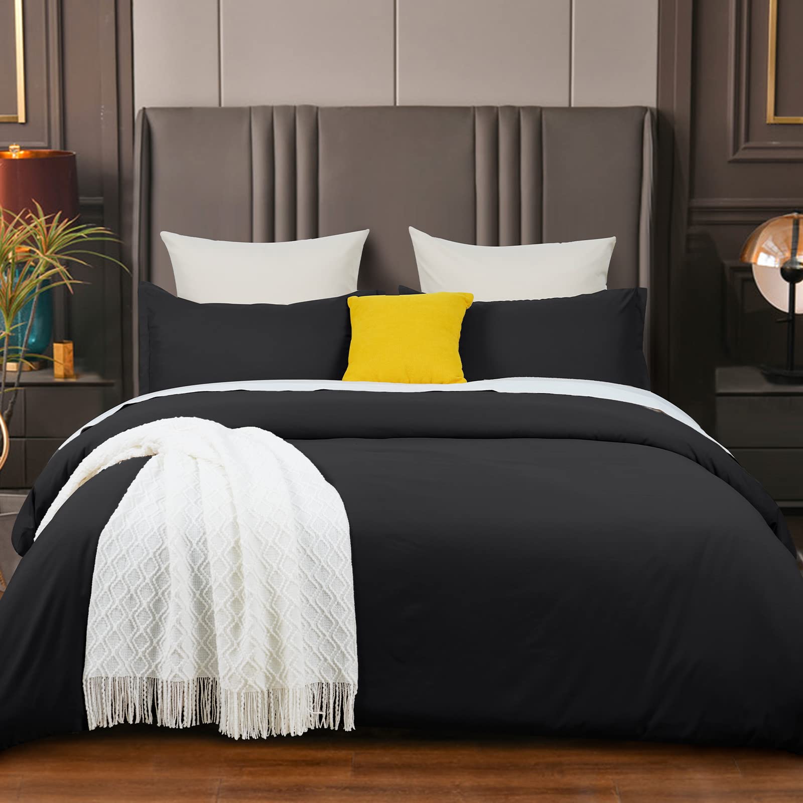 PHF Washed Soft Twin Size Duvet Cover Set - 2 Piece Silky Breathable Microfiber Comforter Cover with Zipper Closure & Corner Ties (68x90 Inches, Black) for Bedroom Decor & Guest Room Essentials