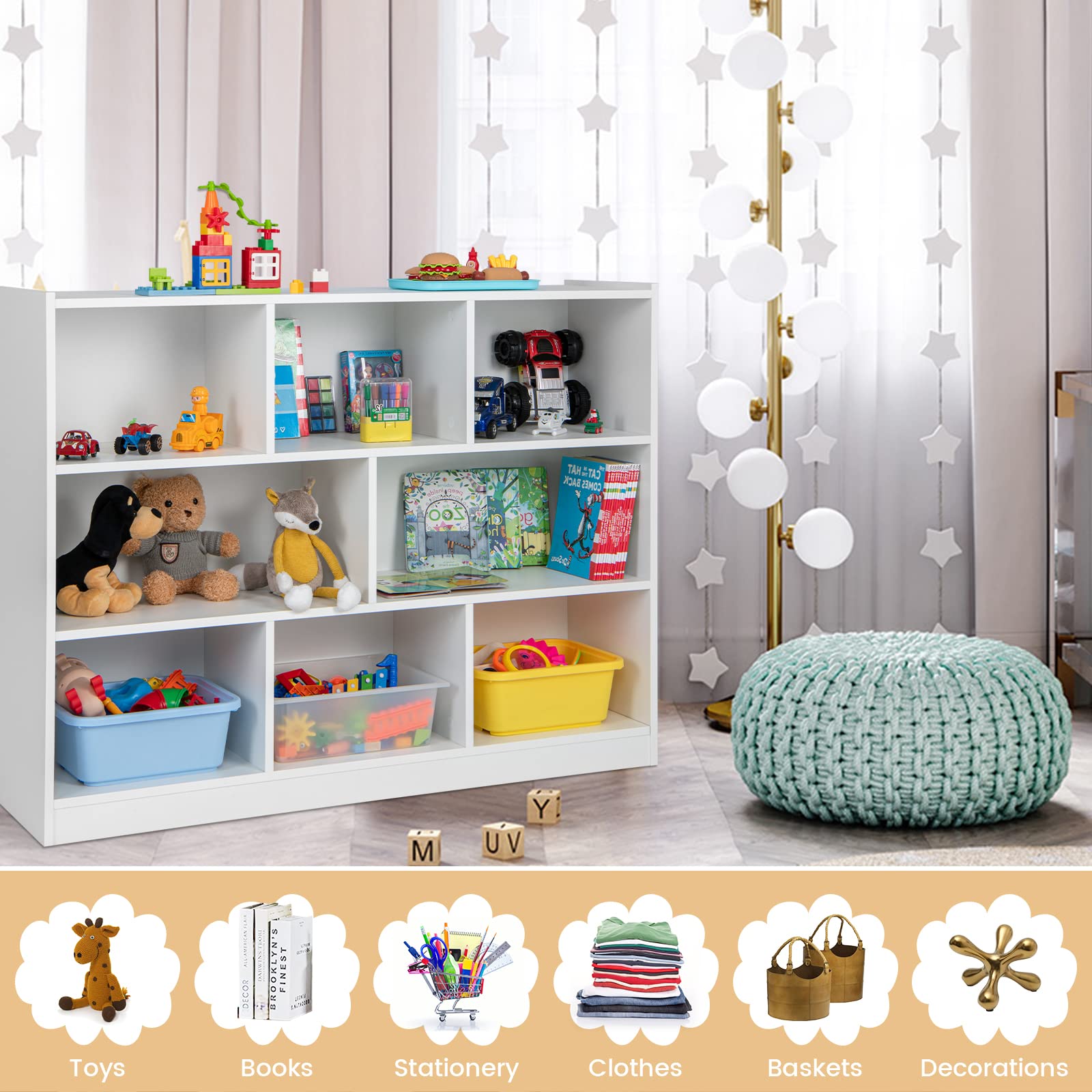 Costzon Kids Toy Organizer & Storage Shelf - 3-Tier Wooden Bookshelf with 8 Cubby Bins for Books, Toys, Clothes | Perfect for Playroom, Bedroom, Nursery & Living Room Organization (White)