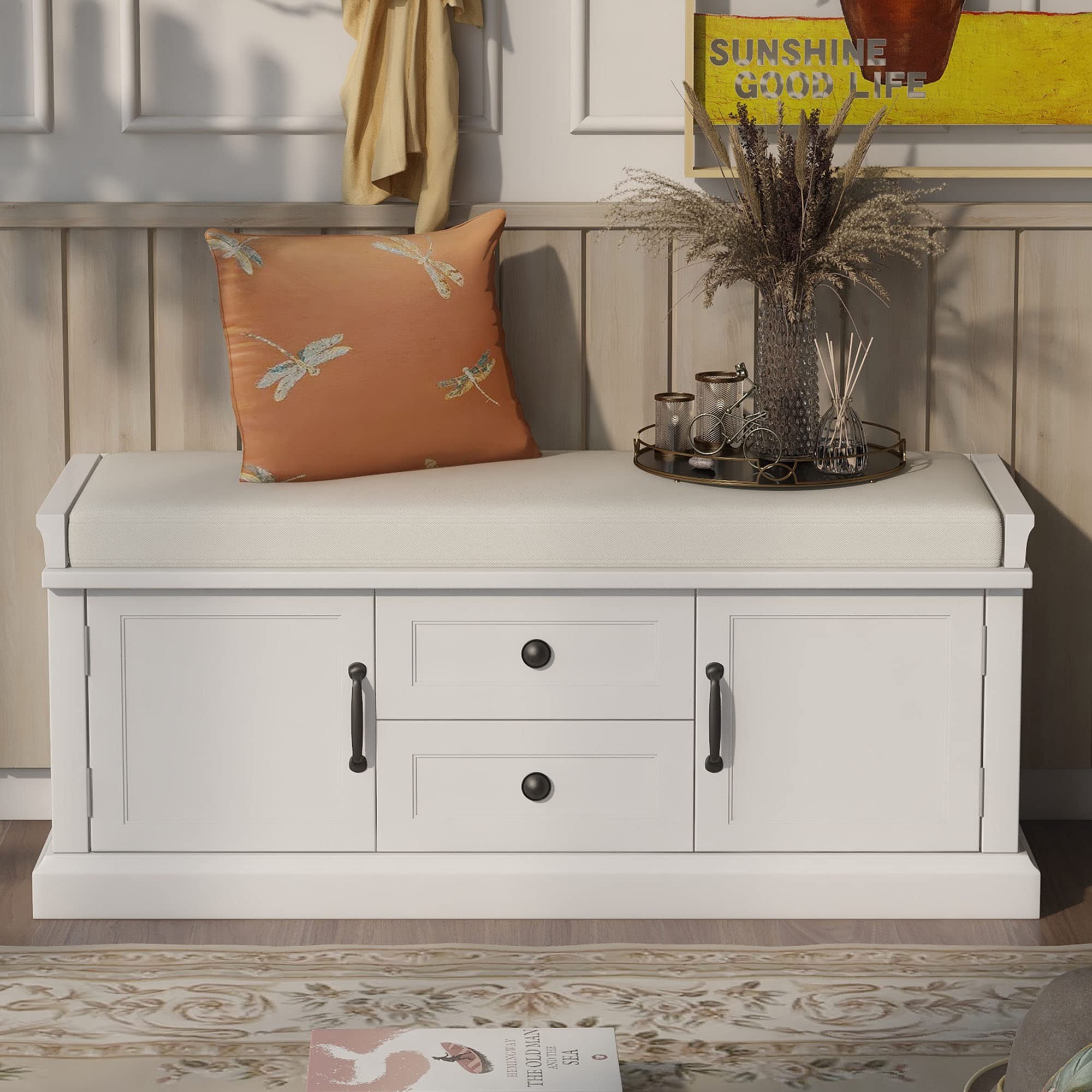 Merax 2-Drawer & 2-Cabinet Storage Bench with Removable Cushion - White Entryway Shoe Bench for Living Room, Bedroom & Hallway Organization | Perfect for Small Space Storage & Seating Solution