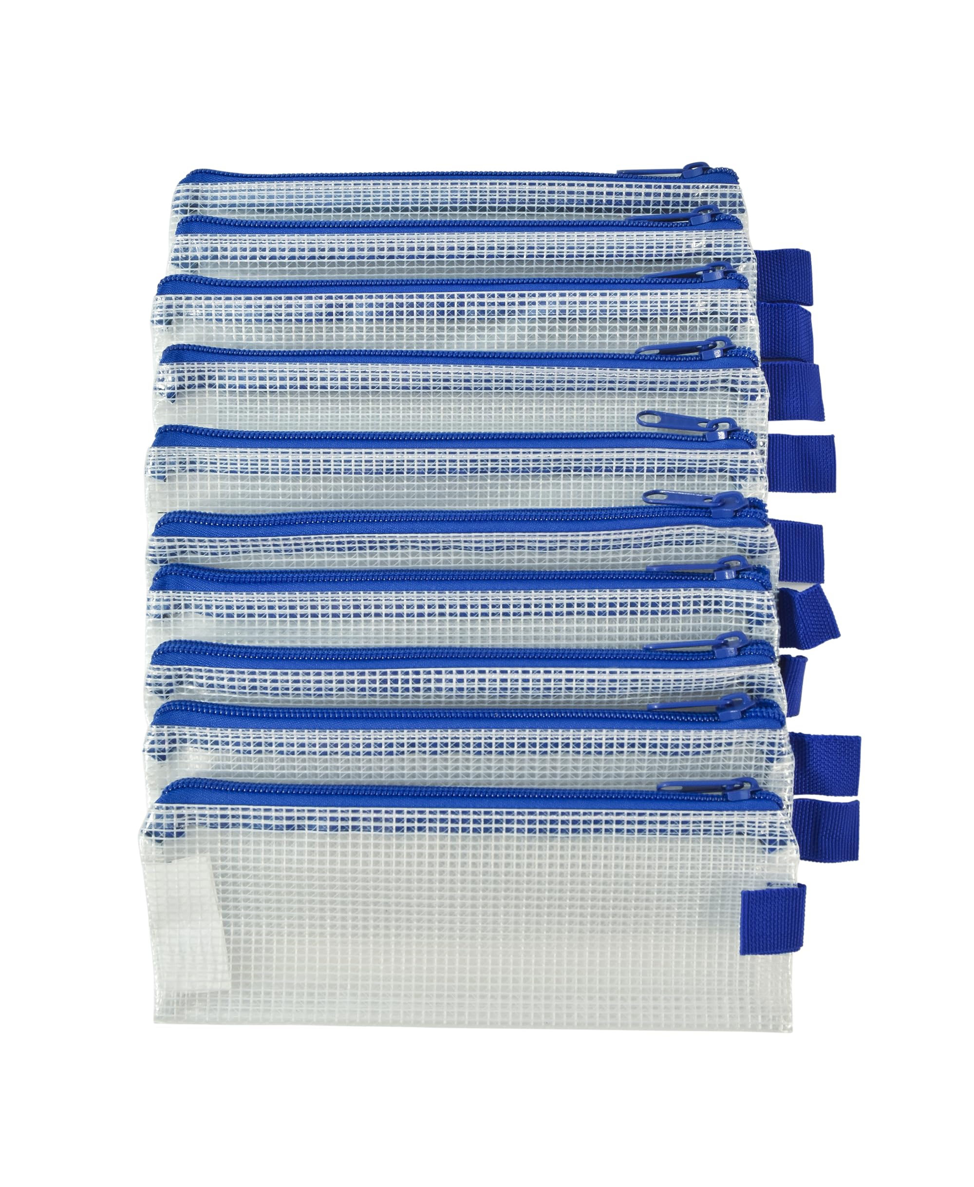 Mesh Pencil Case for School Supplies - 3x8 Inches, Clear with Blue Trim (Pack of 10) - Perfect for Organizing Pens & Markers