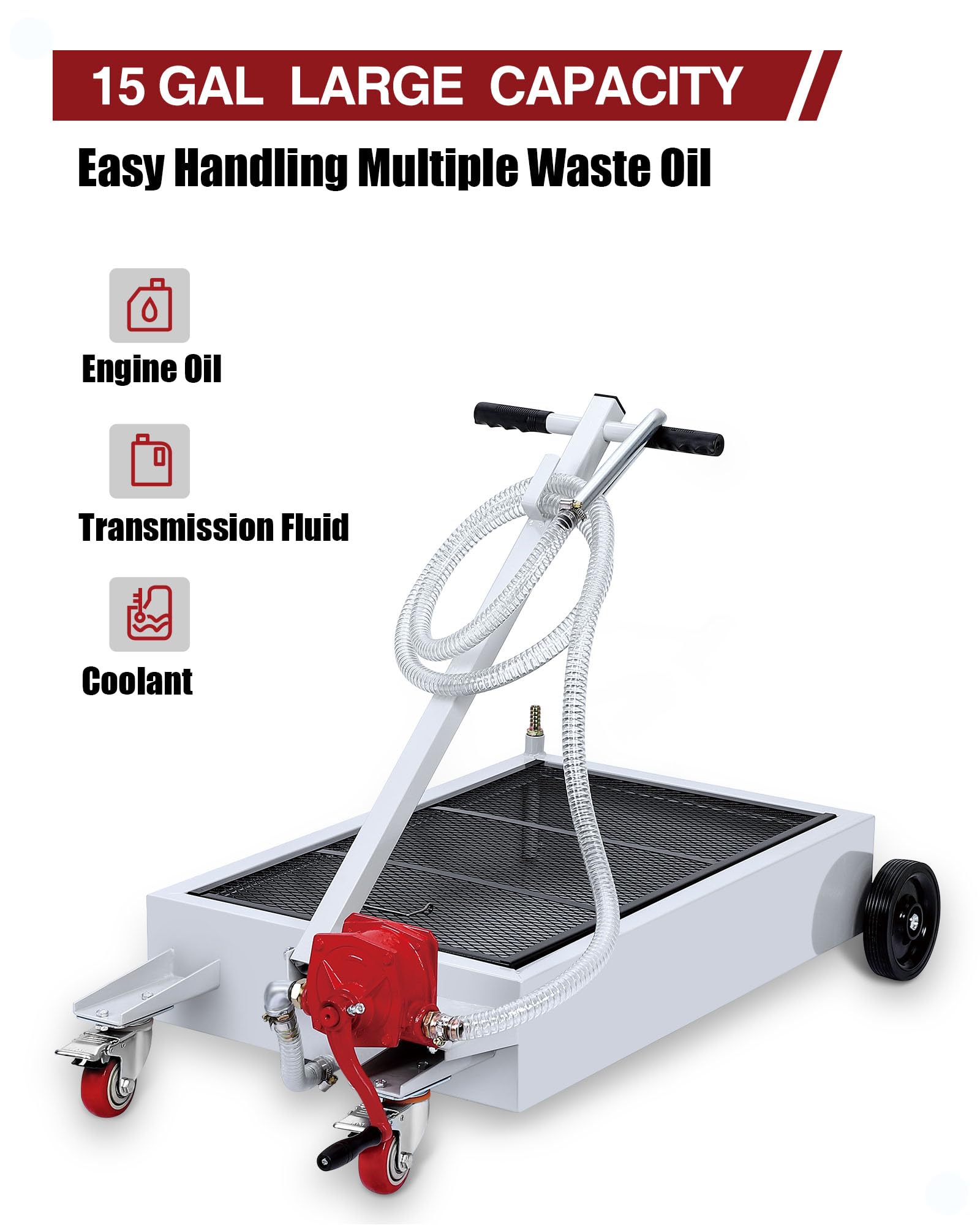 DEXSO 15 Gallon Oil Drain Pan with Hand Pump & 8 Ft Hose - Low Profile Oil Drain Cart with T-Folding Handle for Trucks, Cars, SUVs - Perfect for DIY Oil Changes and Garage Maintenance