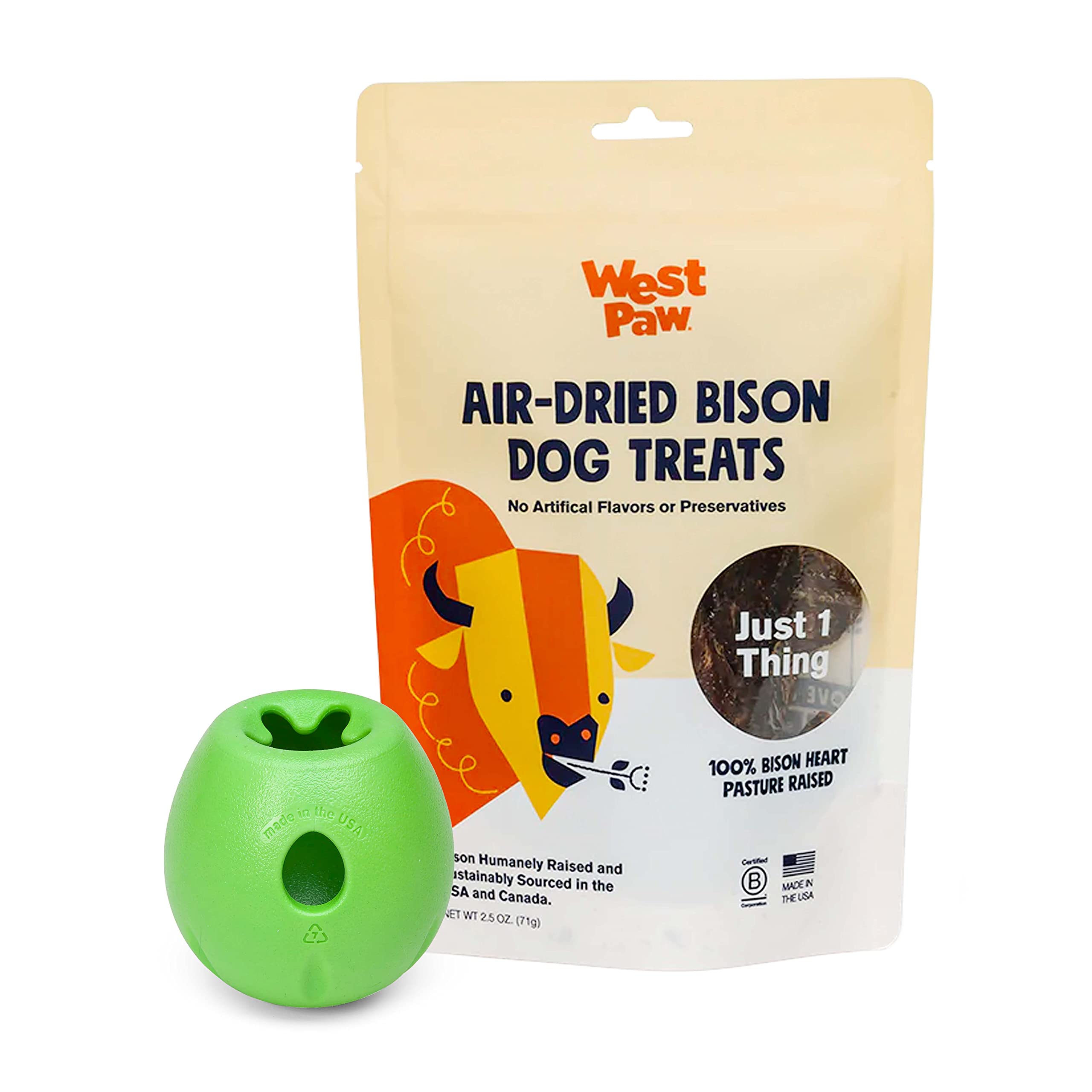 Premium Air-Dried Bison Heart Dog Treats with Zogoflex Rumbl Treat Dispenser Toy Bundle – All-Natural Farm Fresh Bison Snacks & Interactive Chew Toy for Dogs – Holds Kibble & Treats – Perfect for Training, Enrichment & Playtime