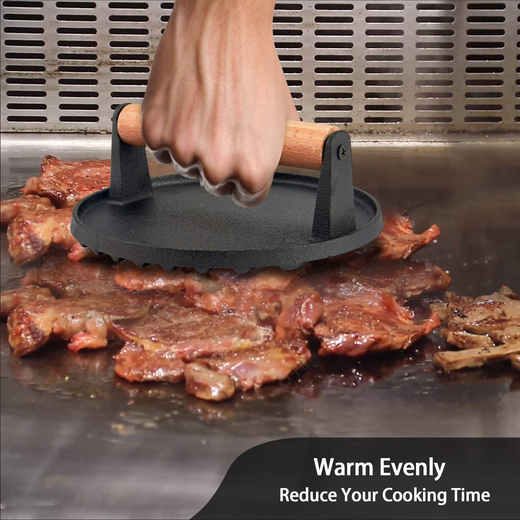 Leonyo 3-Piece Grill Press Set - 7 Inch Round Heavy Duty Cast Iron Burger Press with Ergonomic Wood Handle - Perfect for Smash Burgers, Griddle Cooking, Hamburgers, Steaks, Patties & Panini - Ideal for BBQ, Stovetop & Outdoor Grilling - Nonstick & Durable for Professional & Home Use